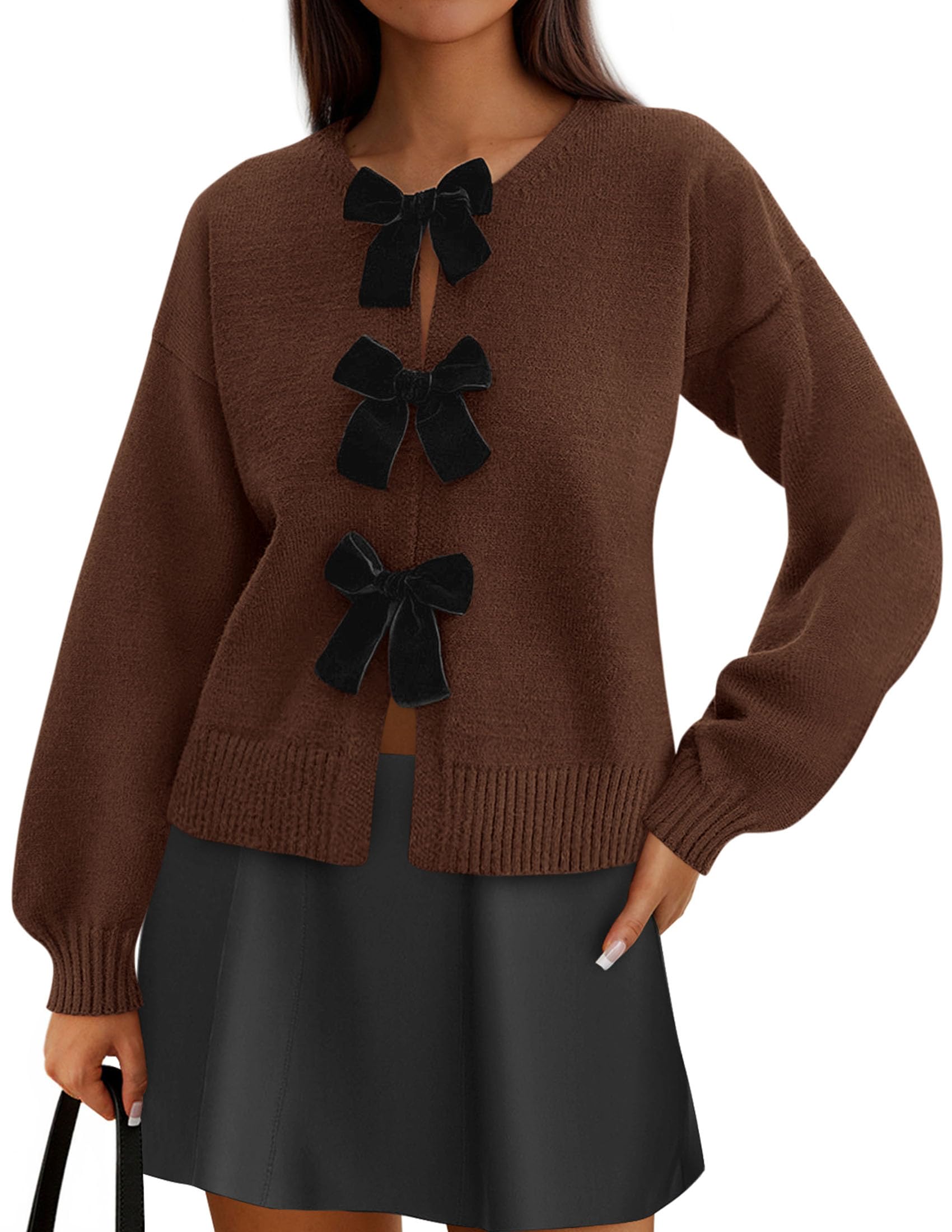 PRETTYGARDEN Cardigan Sweaters for Women Fall Fashion Bow Tie Front Long Sleeve Knit Sweater Tops Cute Winter Clothes