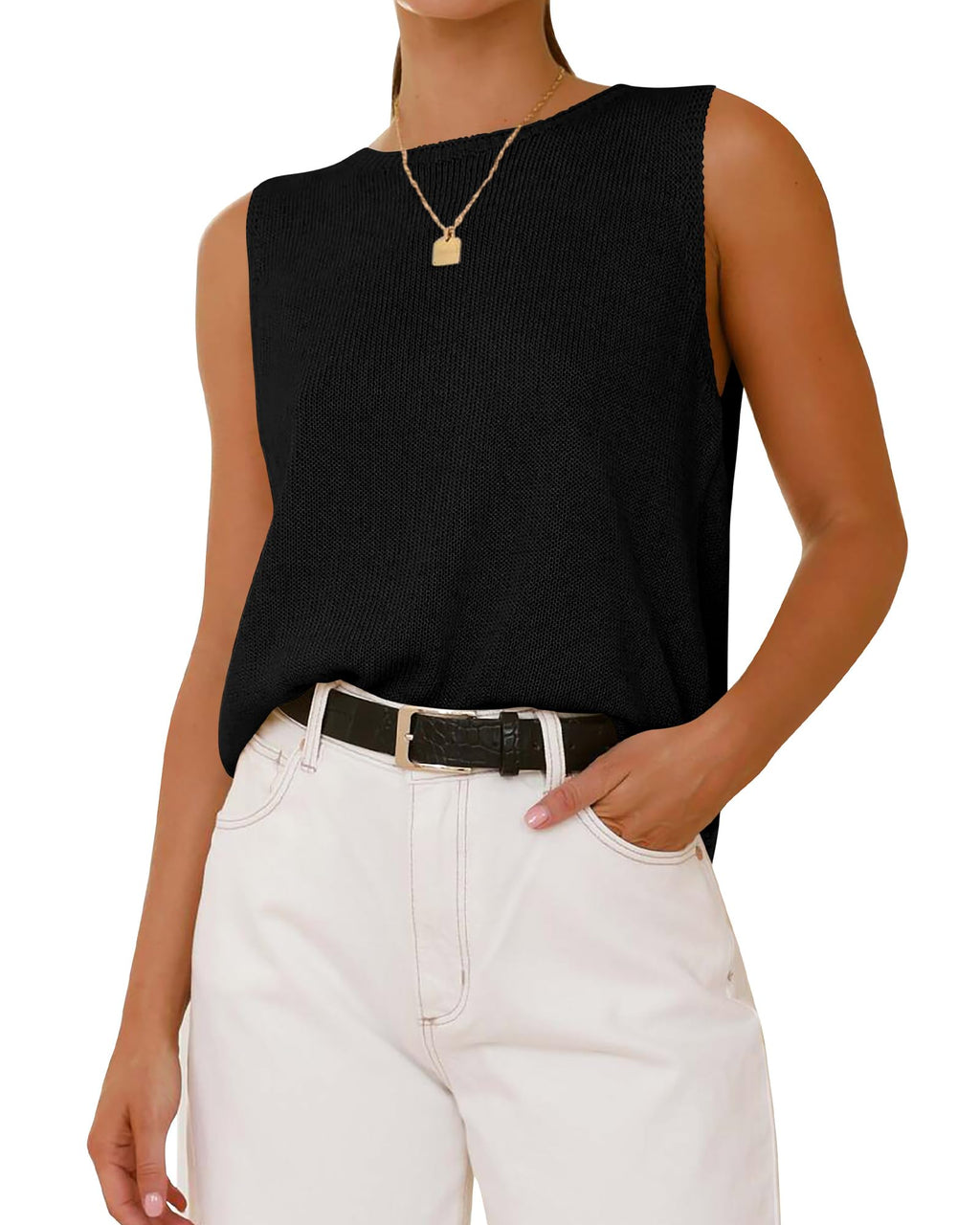 FreshPretty Women's Sleeveless Sweater Vest Summer Crew Neck Ribbed Knit Lightweight Pullover Casual Loose Fit Tank Tops