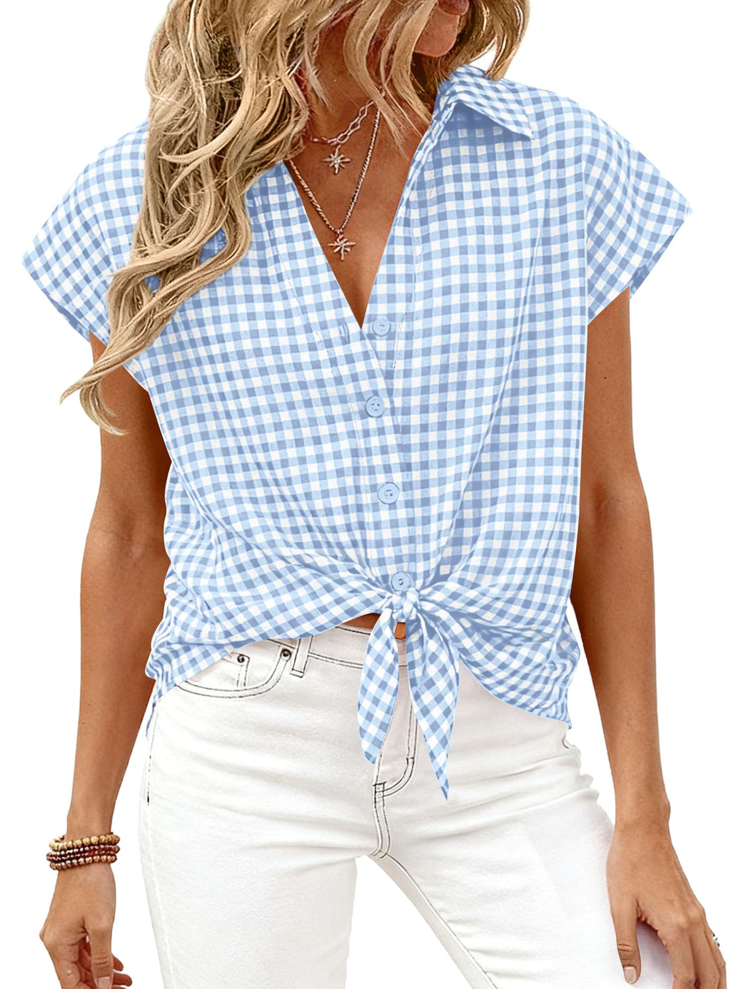 PRETTYGARDEN Womens Short Sleeve Shirts Plaid Button Down Blouse Dressy Casual Summer Spring Business Gingham Work Tops