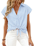 PRETTYGARDEN Womens Short Sleeve Shirts Plaid Button Down Blouse Dressy Casual Summer Spring Business Gingham Work Tops