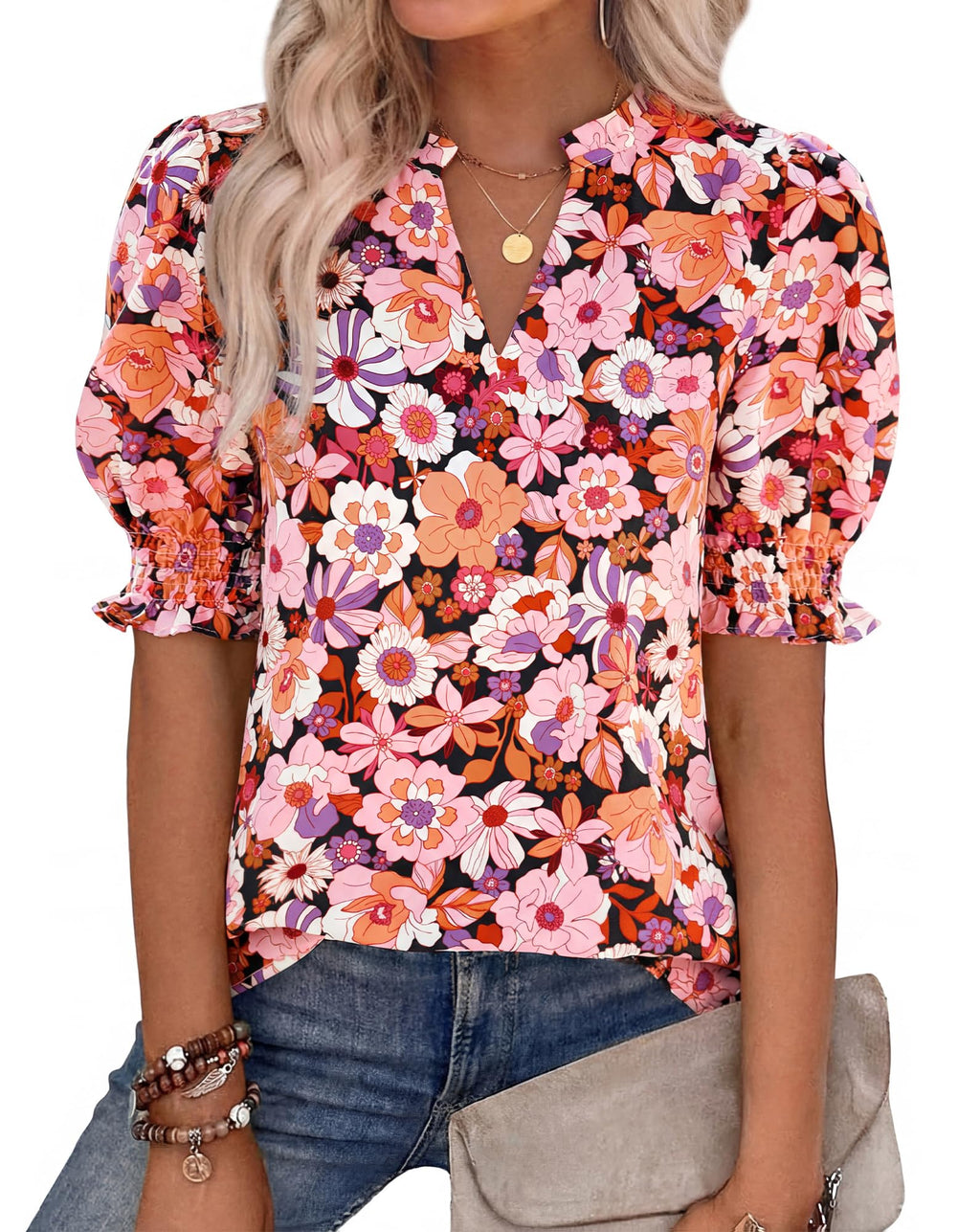 BTFBM Summer Blouses for Women Dressy Casual Fashion Spring Tops Floral Boho V Neck Puff Short Sleeve Top Shirts