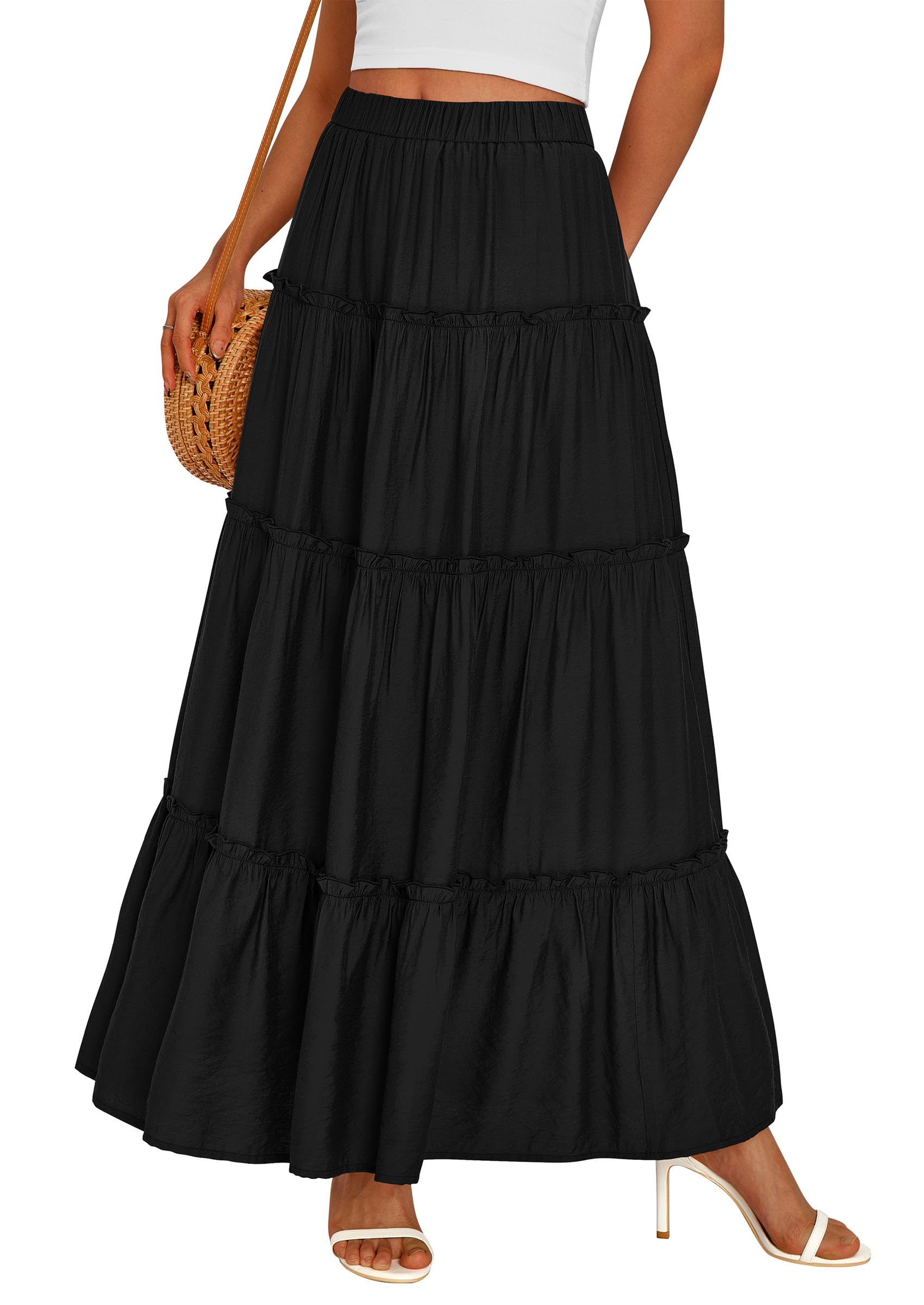 PRETTYGARDEN Women's Tiered Maxi Skirt Summer Spring Fashion High Waisted Long Flowy Casual Boho Beach Vacation Clothes