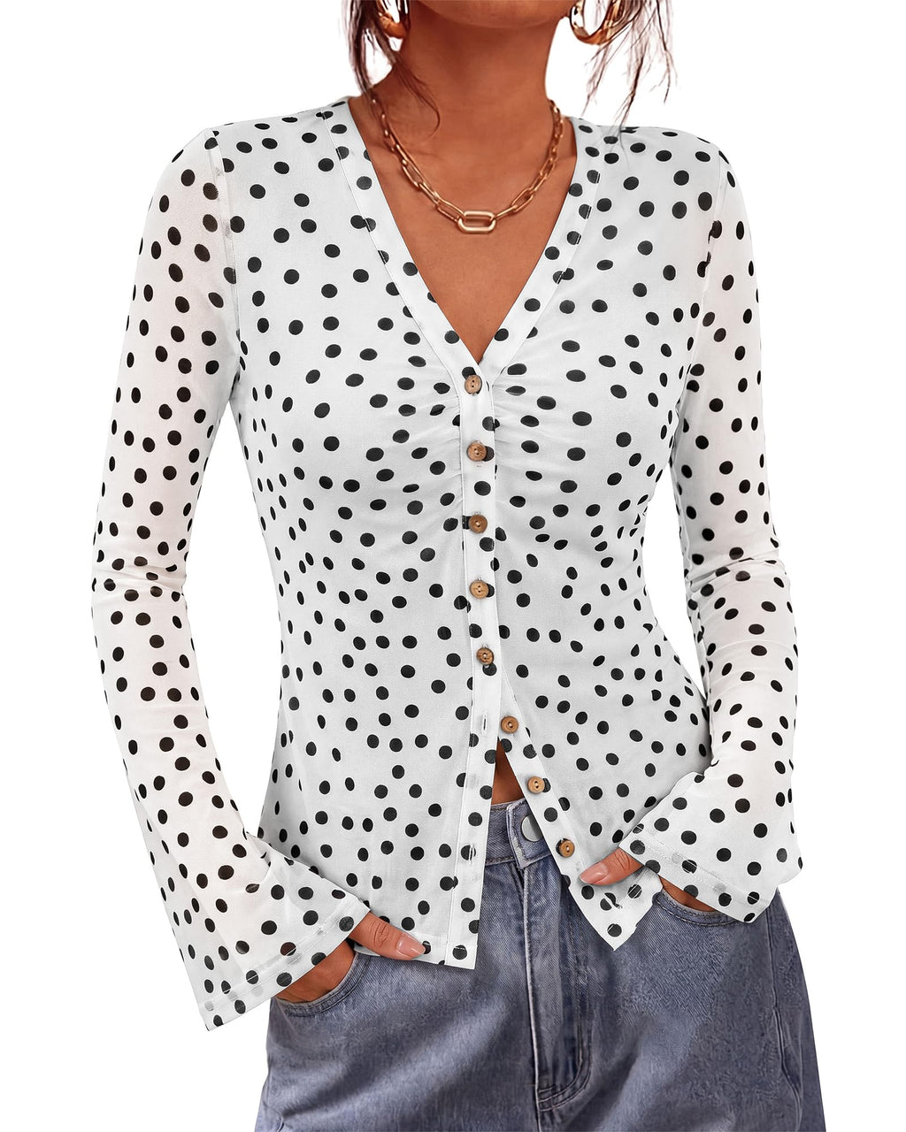 BTFBM Button Down Shirts for Women Spring Boho Tops V Neck Long Sleeve Blouses Ruched Mesh Fitted Fall Fashion