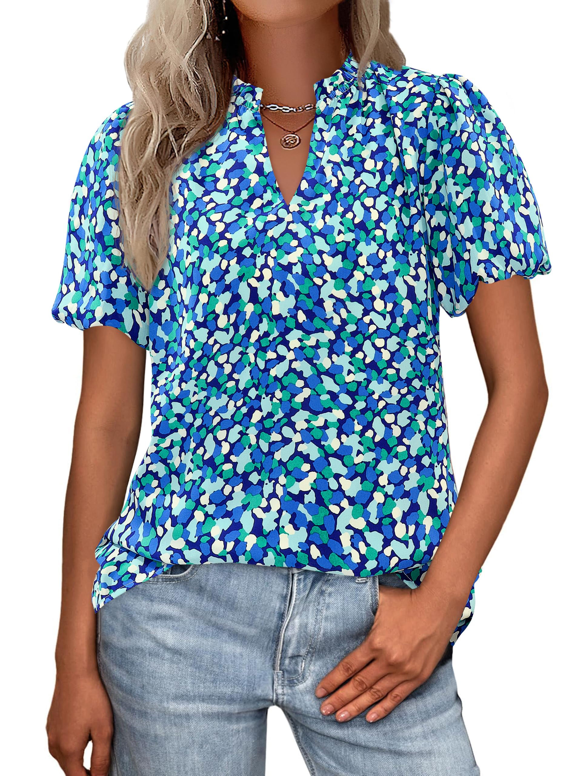 PRETTYGARDEN Boho Short Sleeve Floral Work Blouses for Women Dressy Casual V Neck Puff Sleeve Loose Chiffon Flowy Tops Shirts