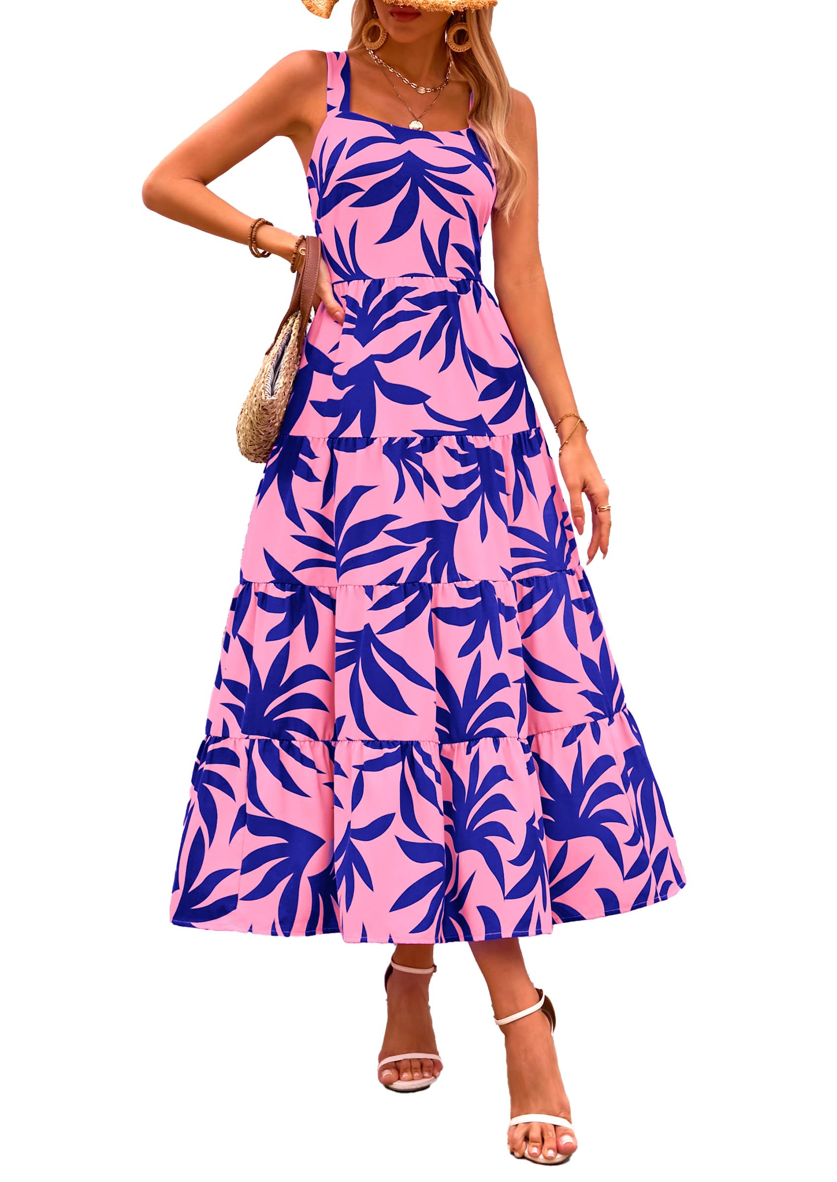 PRETTYGARDEN Women's Summer Floral Maxi Dress Sleeveless Smocked Ruffle Long Flowy Beach Vacation Boho Sundresses