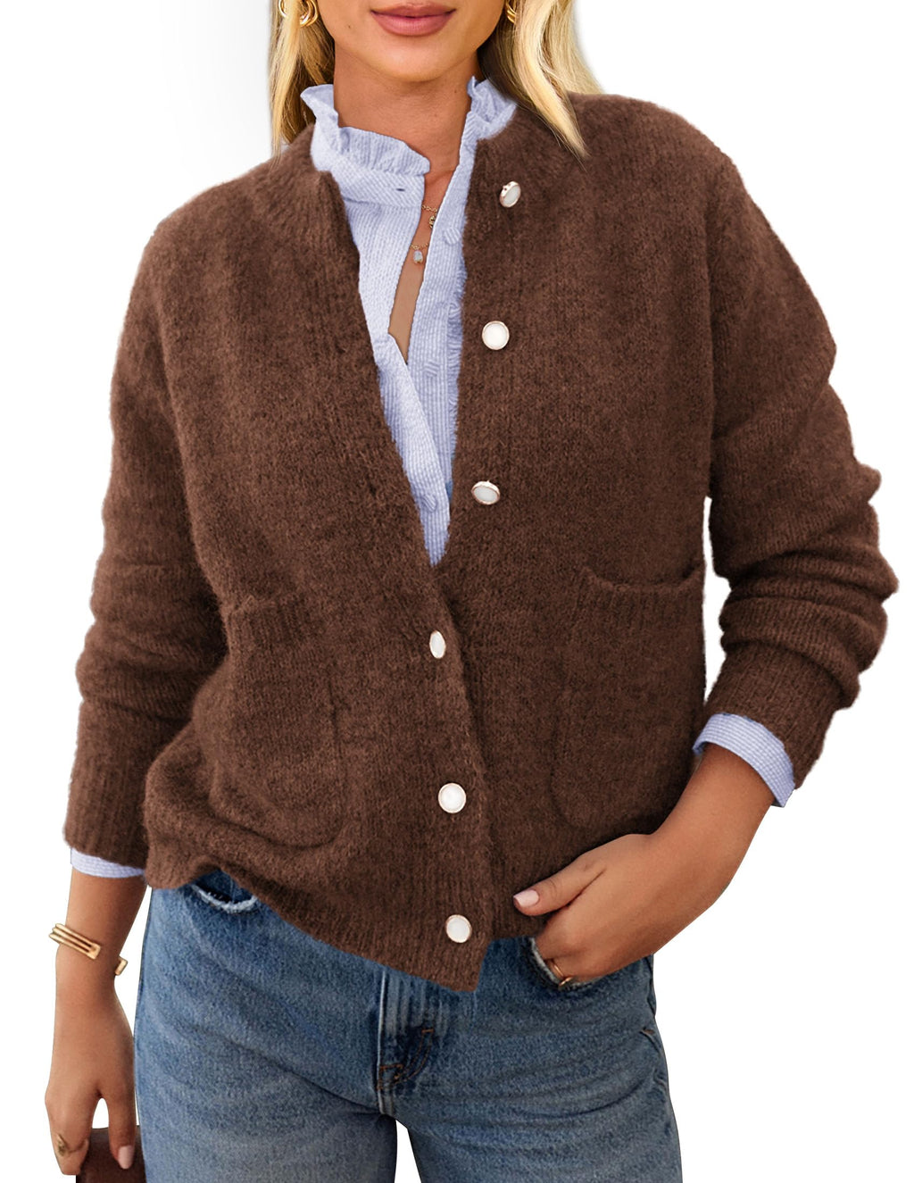 PRETTYGARDEN Women's Knit Cardigan Sweaters Casual Long Sleeve Open Front Button Up Ribbed Fall Spring Sweater Jackets