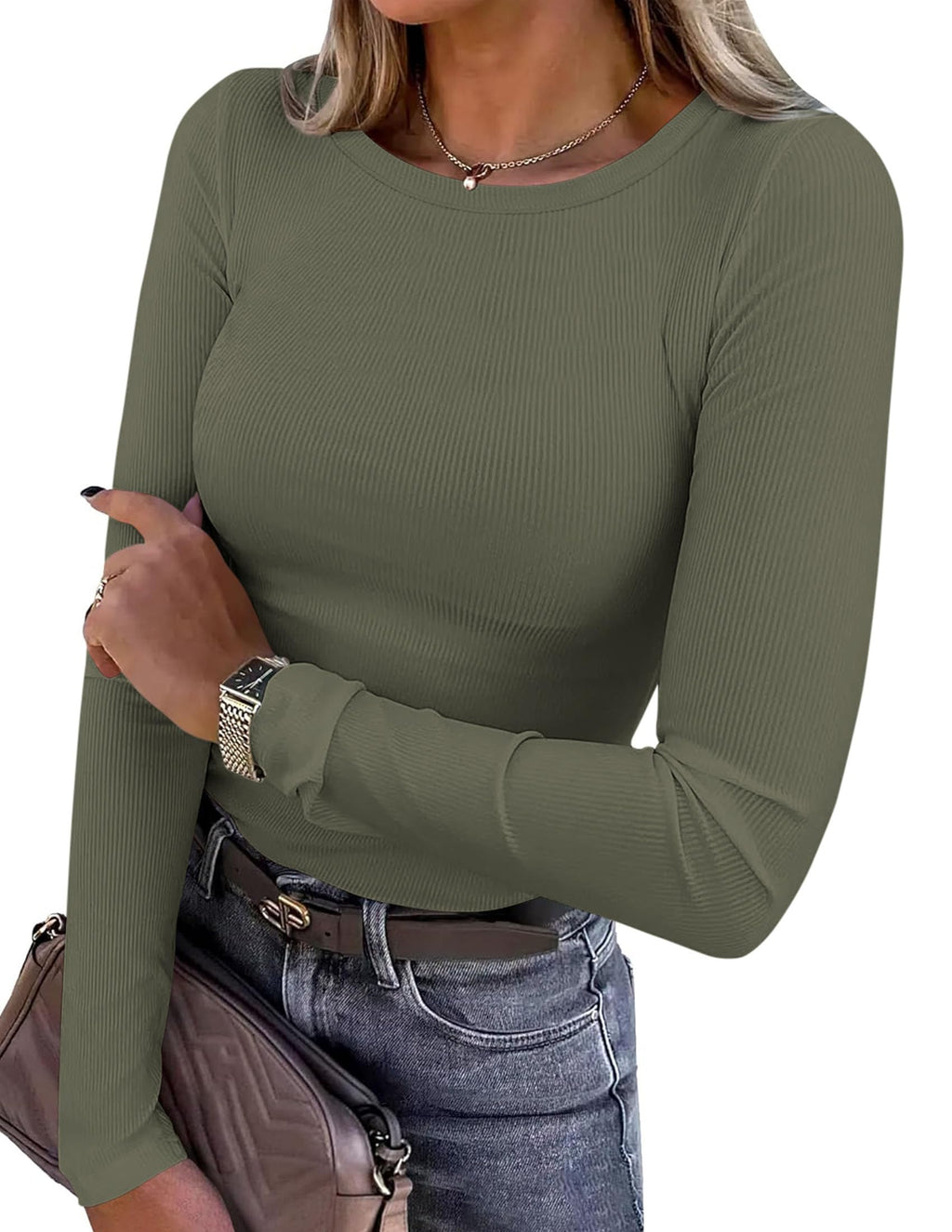 PRETTYGARDEN Women Fall Clothes Long Sleeve Shirts Ribbed Knit Fitted Basic Tee Going Out Tops Underscrub Casual Outfits