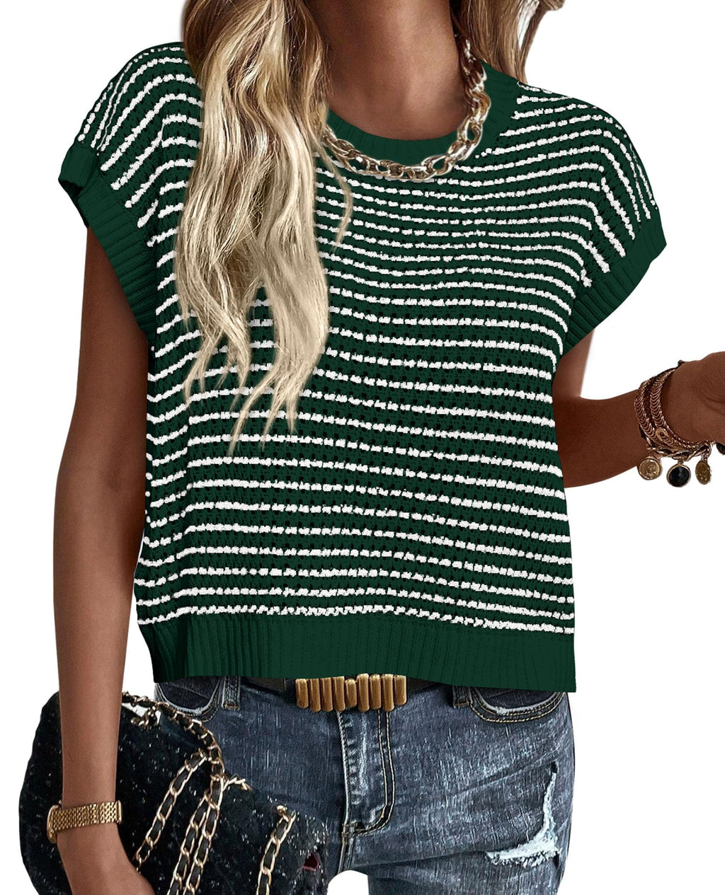 PRETTYGARDEN Womens Short Sleeve Sweater Spring Summer Round Neck Striped Pullover Cap Sleeve Knit Sweater Vest Tops