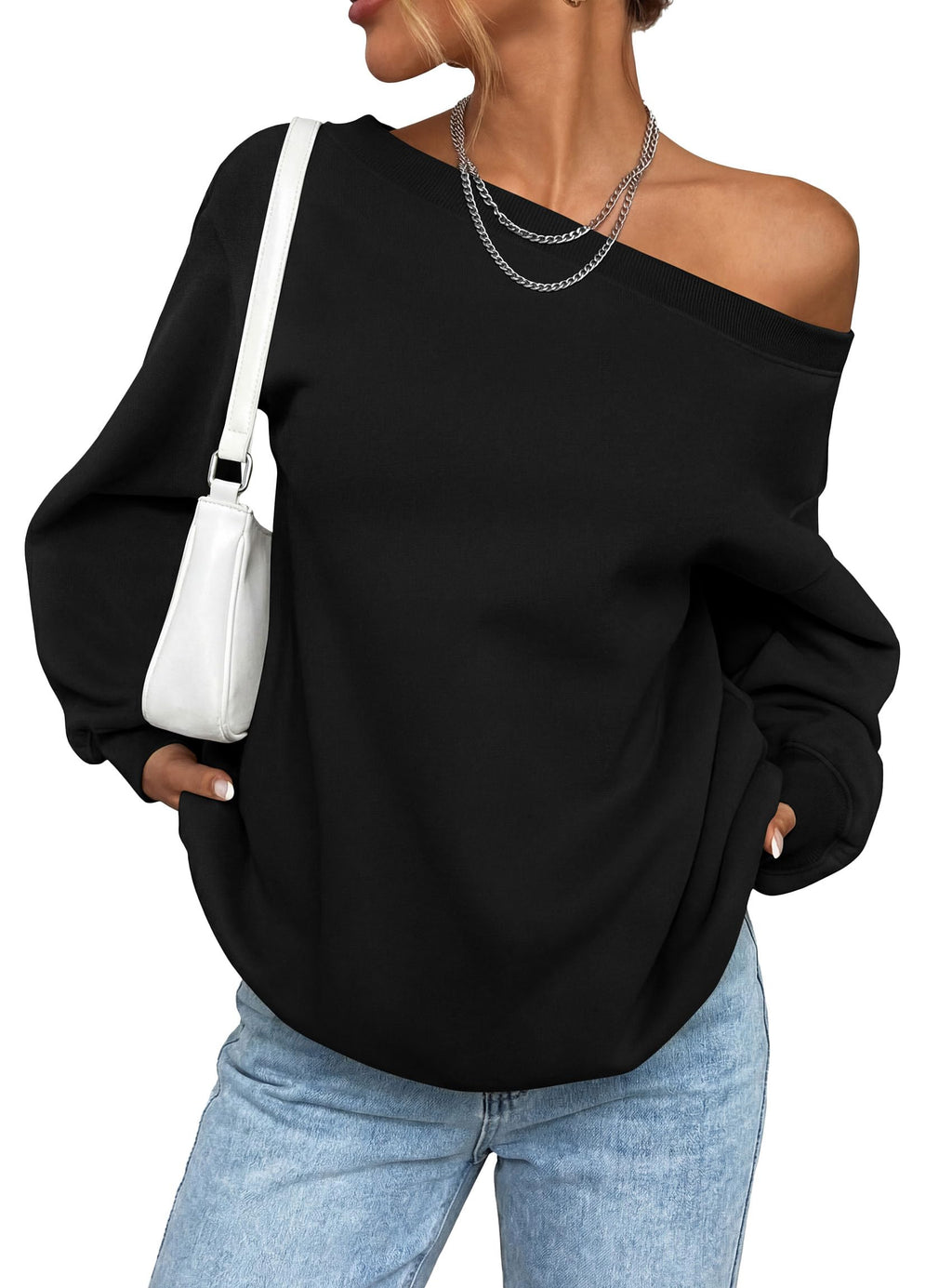 PRETTYGARDEN Womens Off The Shoulder Sweatshirt Loose Fit Slouchy Long Sleeve Tops,Fleece Cropped Sweatshirts,Oversized Pullover,Casual Daily Street Y2K Outfits,Fall Winter Clothes