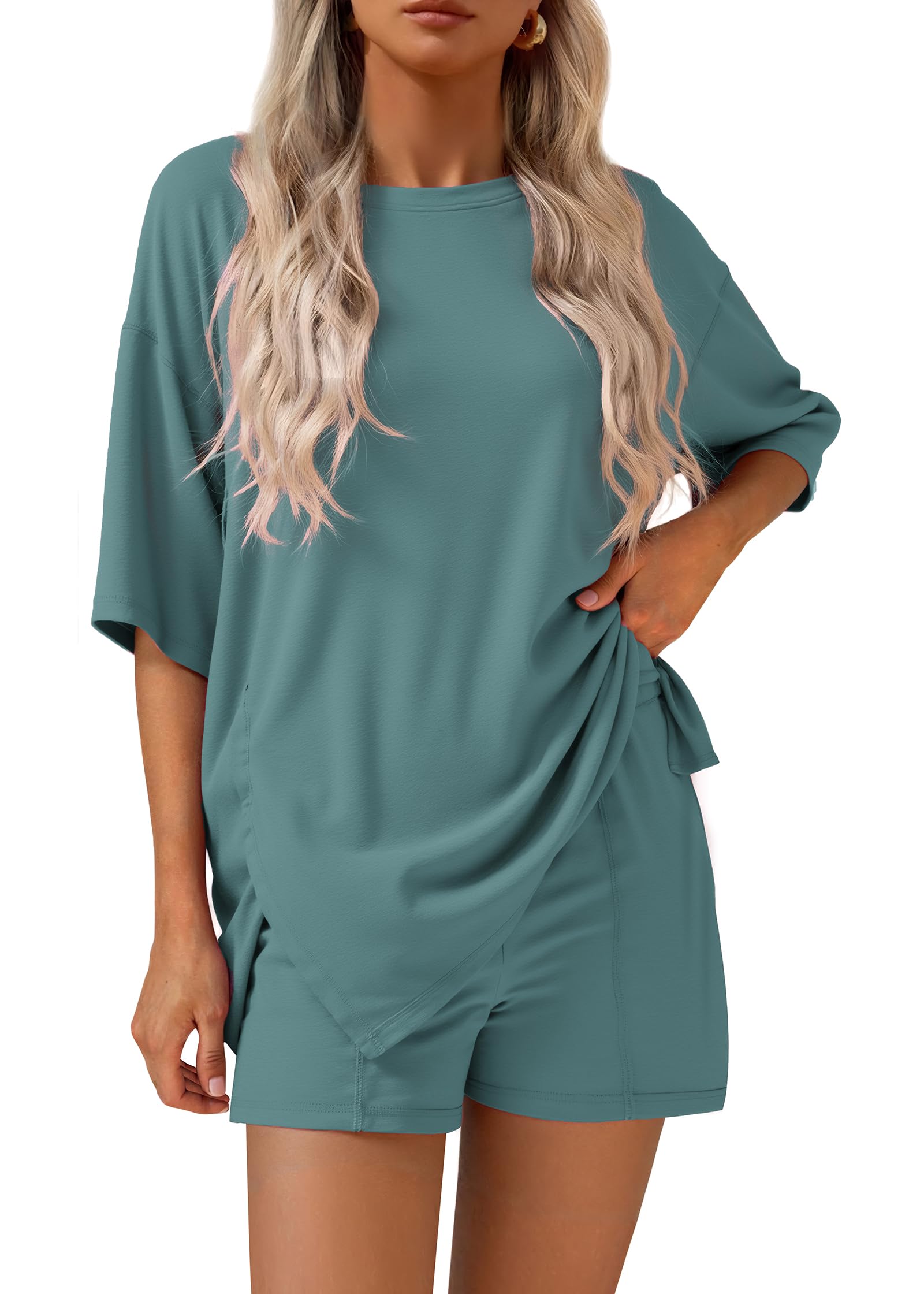 FreshPretty 2 Piece Sets for Women Summer Lounge Sets Casual Oversized Tshirts Shorts Matching Airport Travel Outfits Postpartum