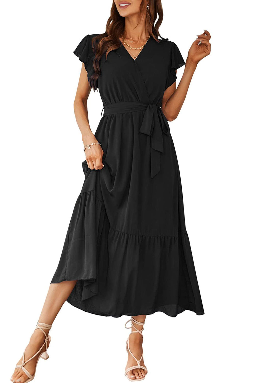 PRETTYGARDEN Women's Summer Floral Boho Maxi Dress Wrap Short Sleeve V Neck Ruffle A-Line Flowy Wedding Guest Long Dresses