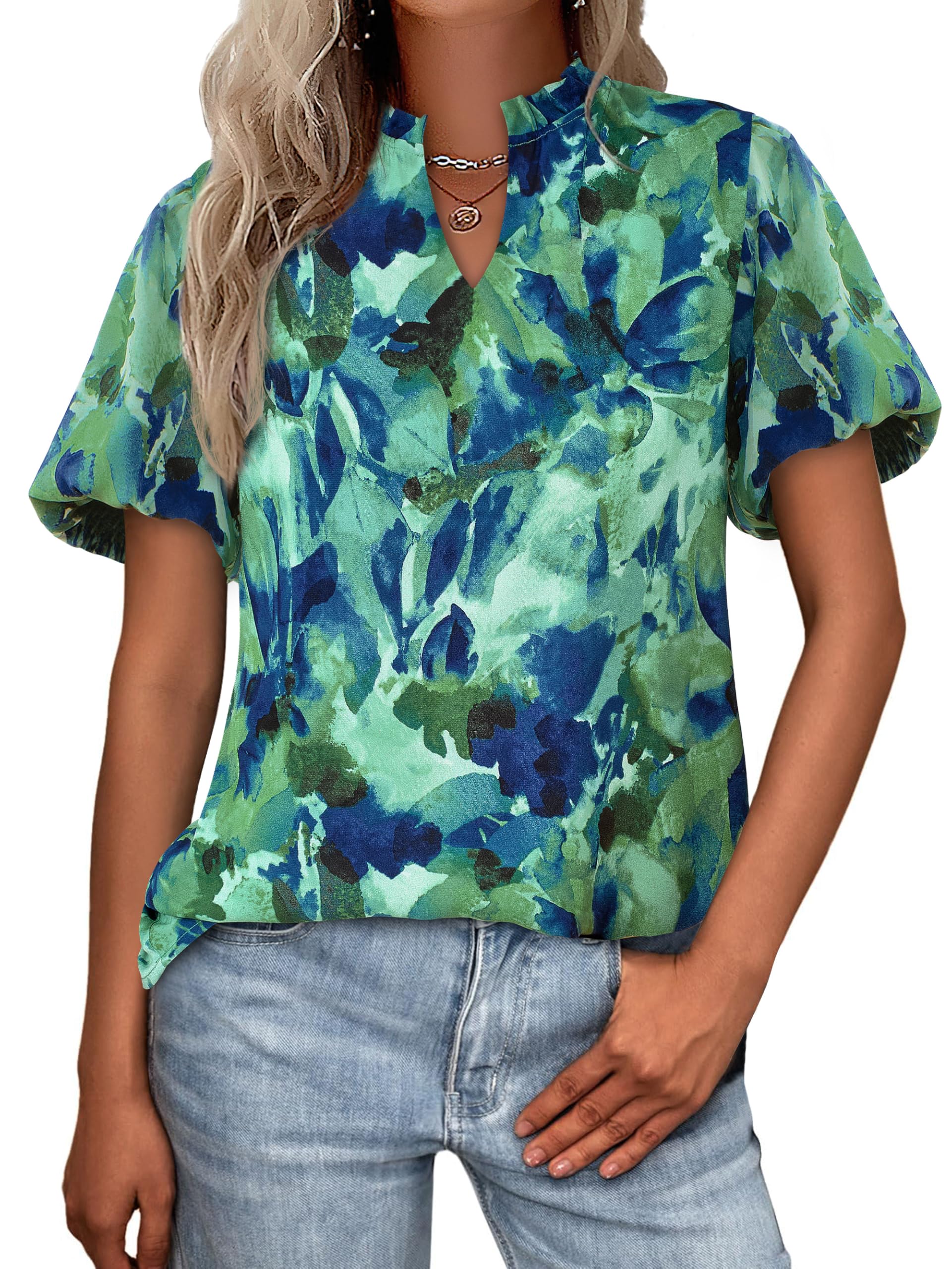 PRETTYGARDEN Boho Short Sleeve Floral Work Blouses for Women Dressy Casual V Neck Puff Sleeve Loose Chiffon Flowy Tops Shirts