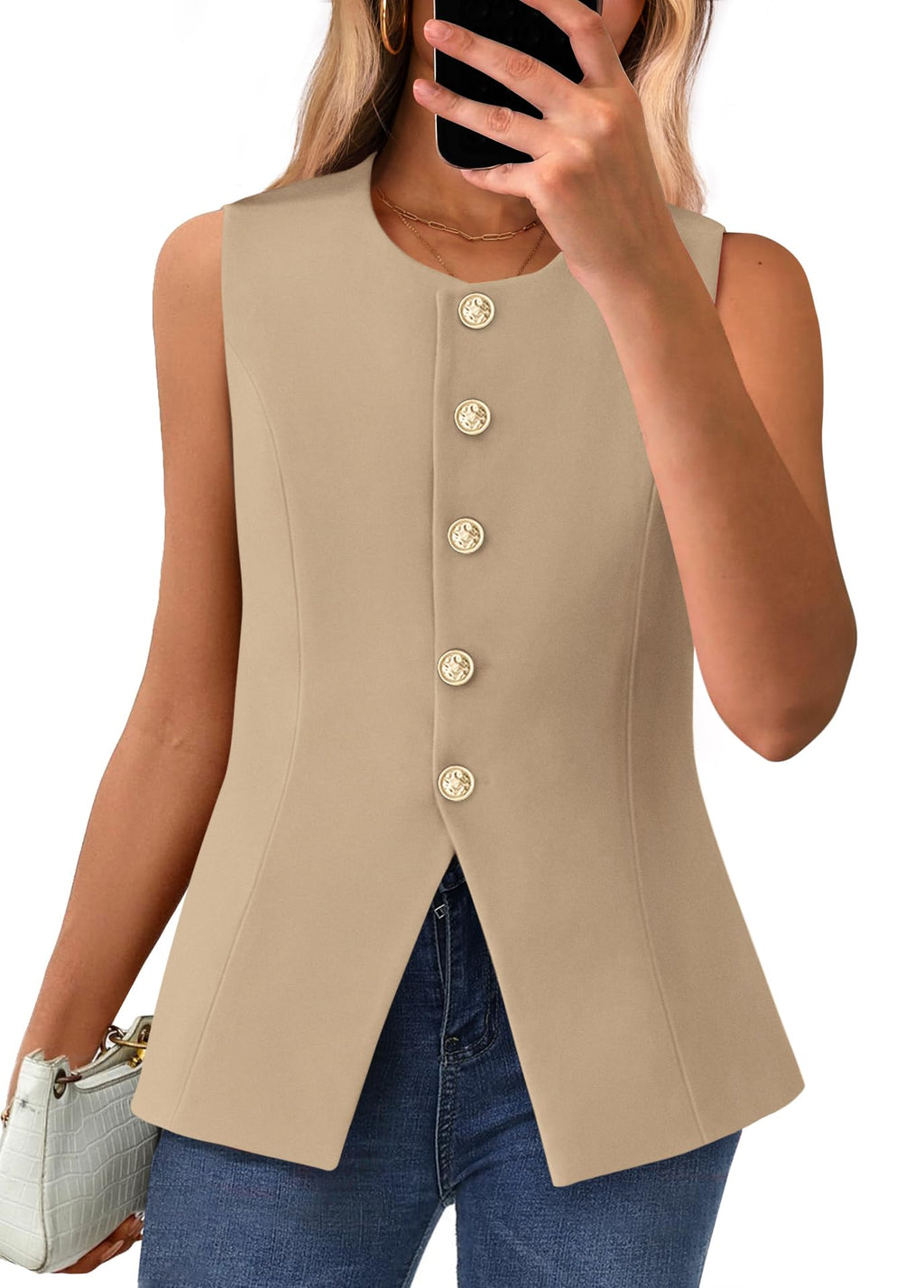 BTFBM Summer Sleeveless Blazer Vest For Women Dressy Button Down Round Neck Business Casual Outfits Work Suit Vests Tops