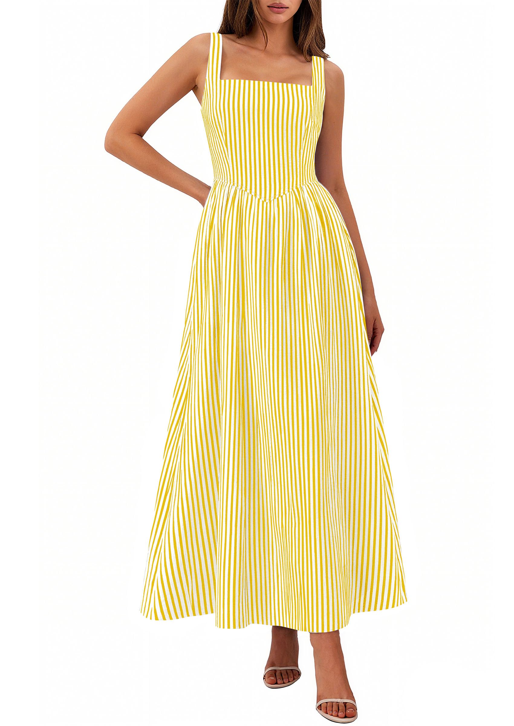PRETTYGARDEN Women's Maxi Striped Dress Summer Sleeveless Square Neck Smocked A Line Long Flowy Spring Vacation Sundress