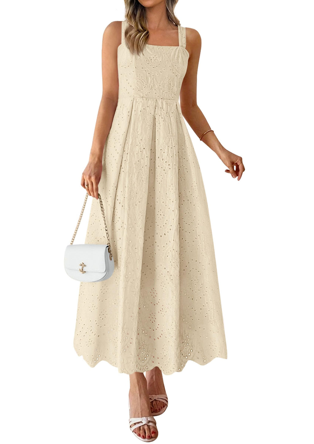 PRETTYGARDEN Womens Sleeveless Maxi Summer Dresses Hollow Out Eyelet Square Neck Ruffle Flowy Beach Vacation Sundress