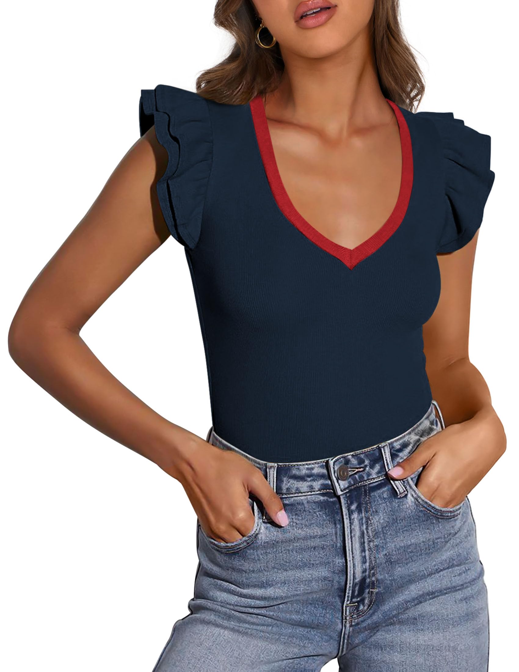 PRETTYGARDEN Womens V Neck Summer Tops Ruffle Sleeveless Slim Fit T Shirts Going Out Casual Blouses