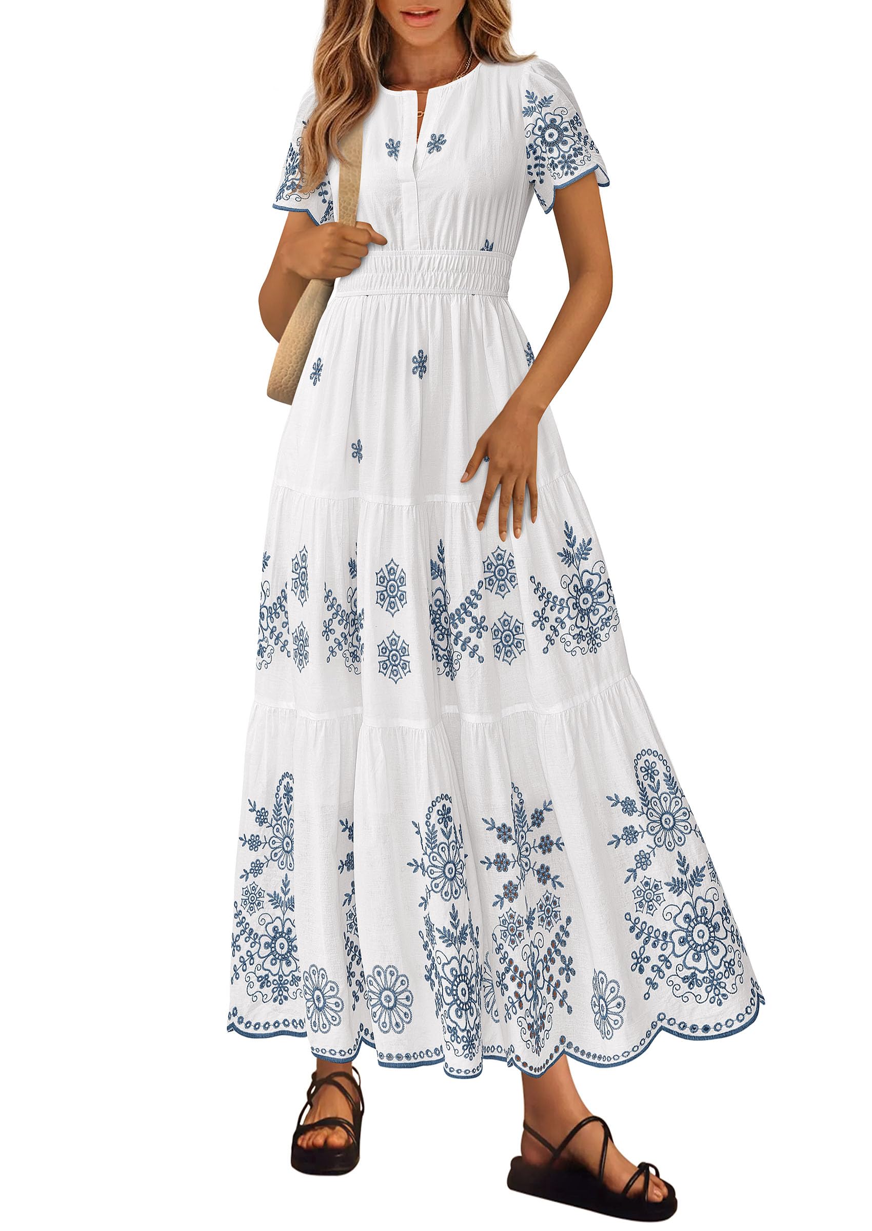 PRETTYGARDEN Boho Dresses for Women Summer Spring Casual Floral Short Sleeve V Neck Maxi Elastic Waist Dress Pockets