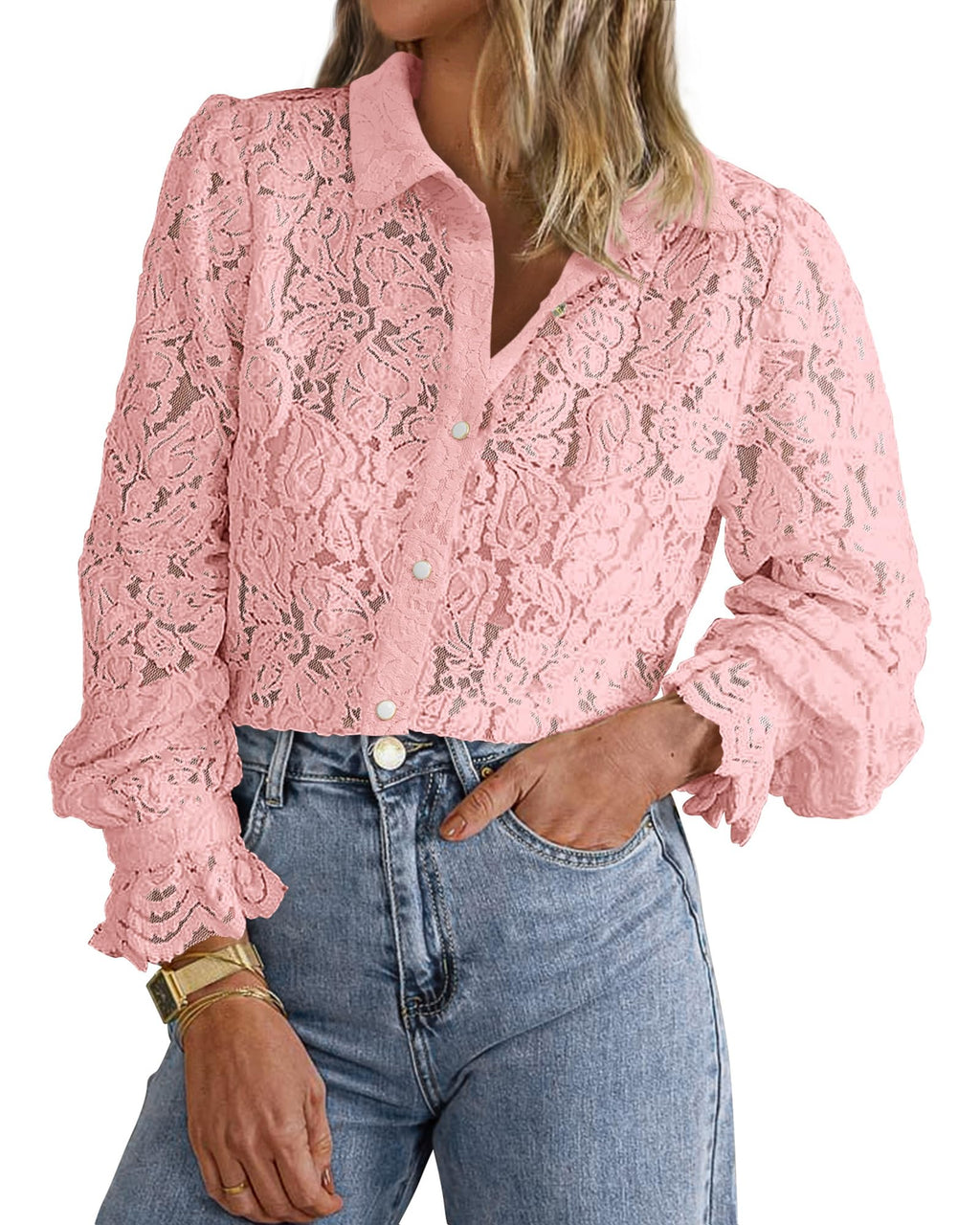 FreshPretty Long Sleeve Lace Blouses for Women Spring Dressy Casual Button Down Shirts Date Night Outfit Club Party Tops