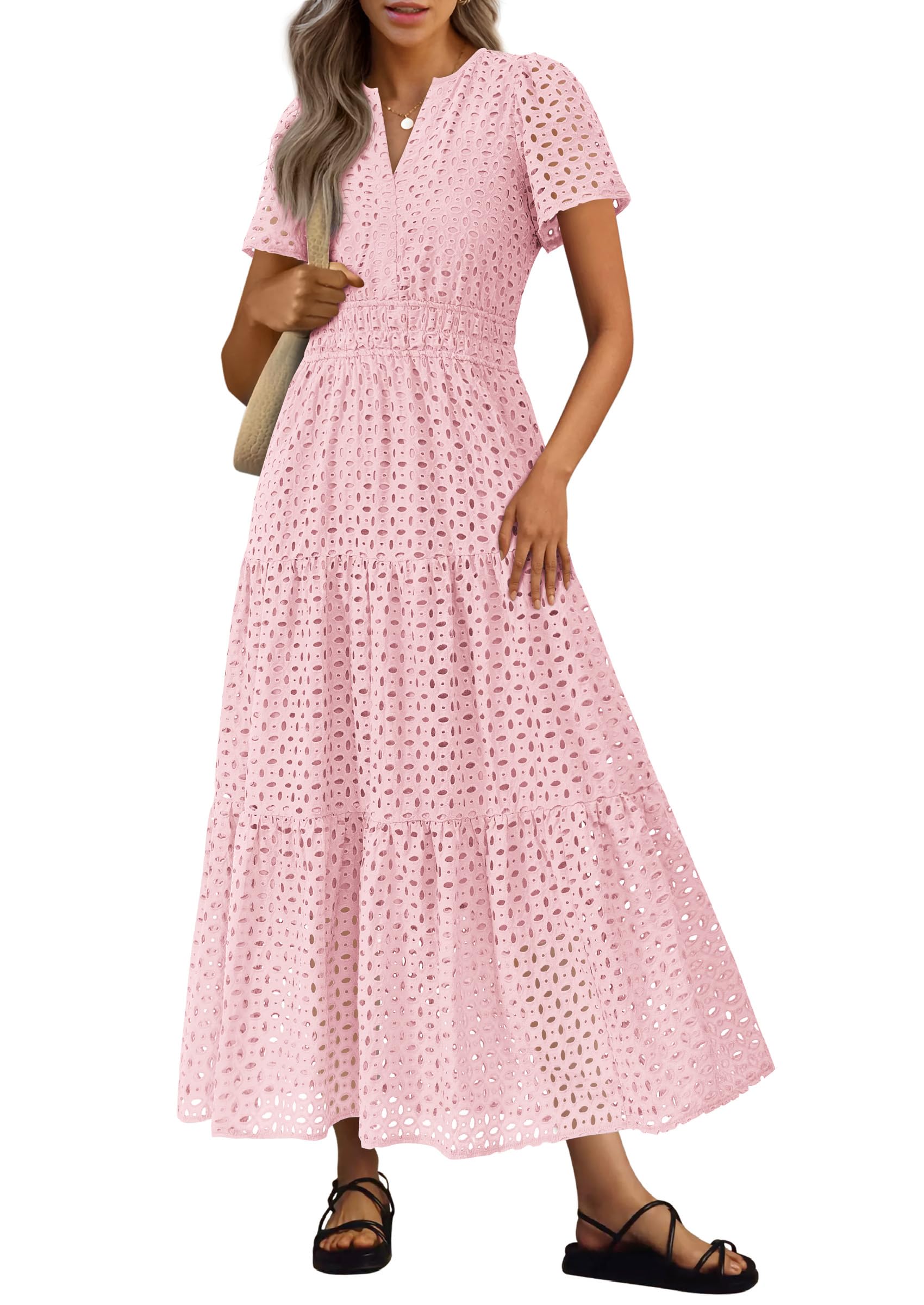 PRETTYGARDEN Womens Summer Maxi Dress Short Sleeve V Neck Hollow Out Eyelet A Line Long Flowy Beach Vacation Dresses