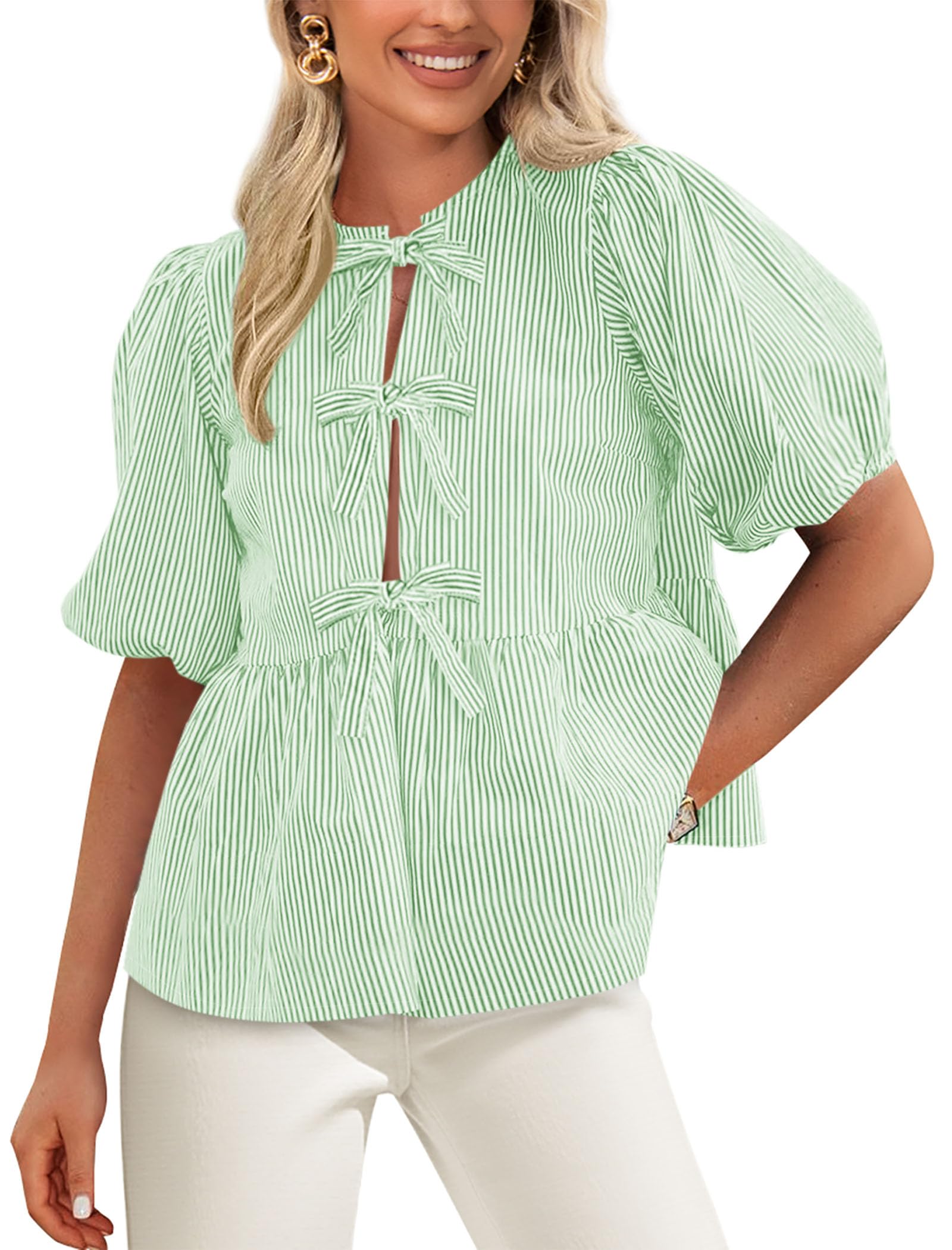 PRETTYGARDEN Women's Tie Front Striped Shirt Summer Trendy Fashion Cute Babydoll Tops Peplum Puffy Sleeve Blouse