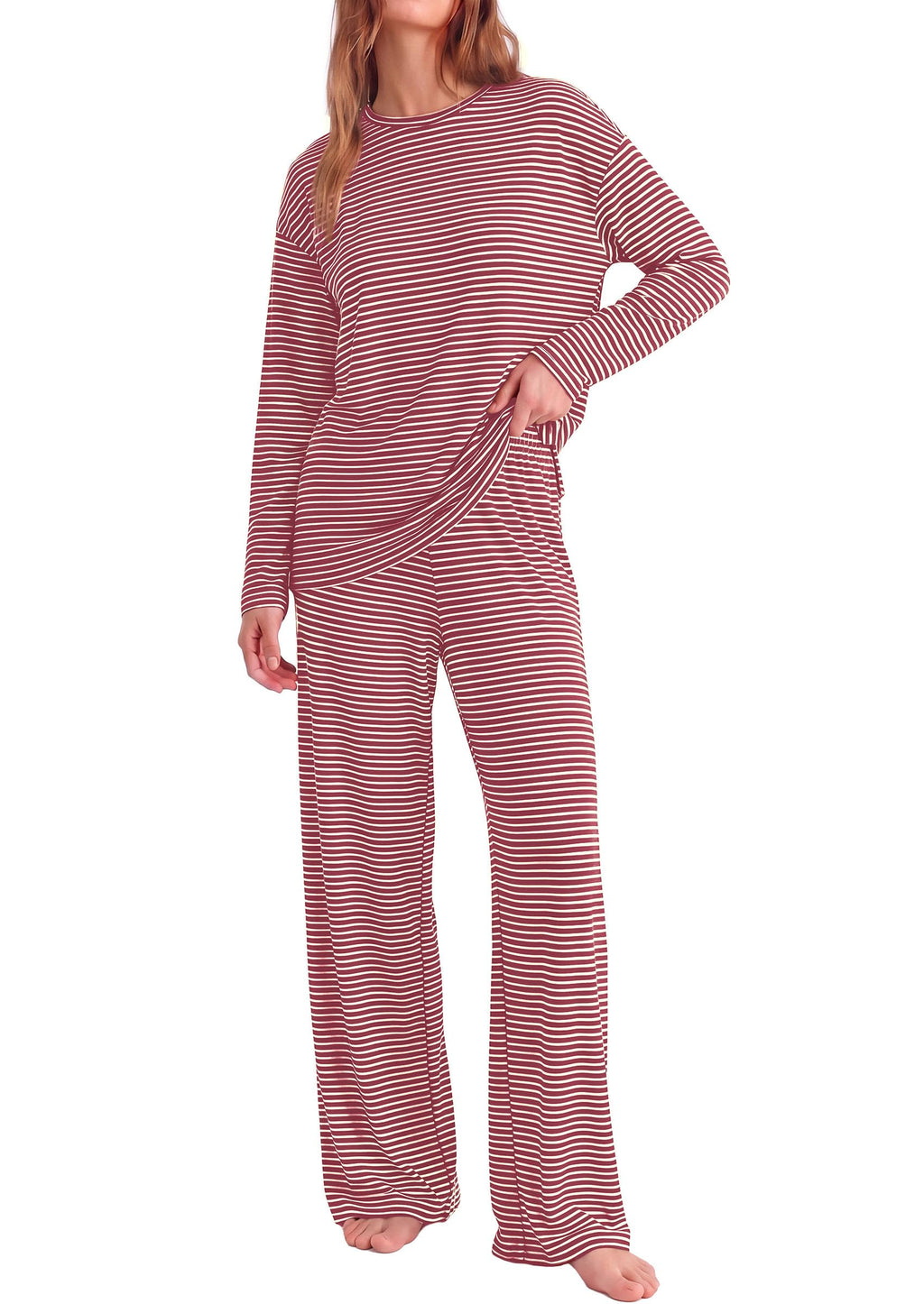 PRETTYGARDEN Womens Striped Lounge Set Fall Winter 2 Piece Sets Side Slit Long Sleeve T-Shirts & Wide Leg Pants, Matching Pajama Sets, Comfy Pj Set, Loungewear with Pockets, Fashion Clothes