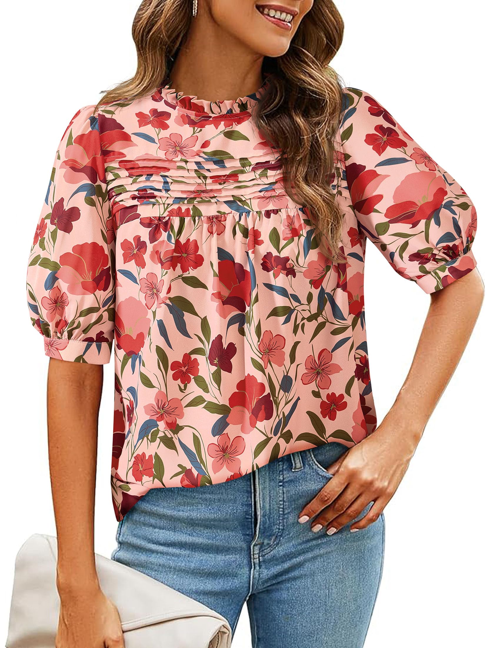 PRETTYGARDEN Floral Tops for Women Blouses Dressy Casual Summer Trendy Outfits Boho Pleated Short Sleeve Shirts