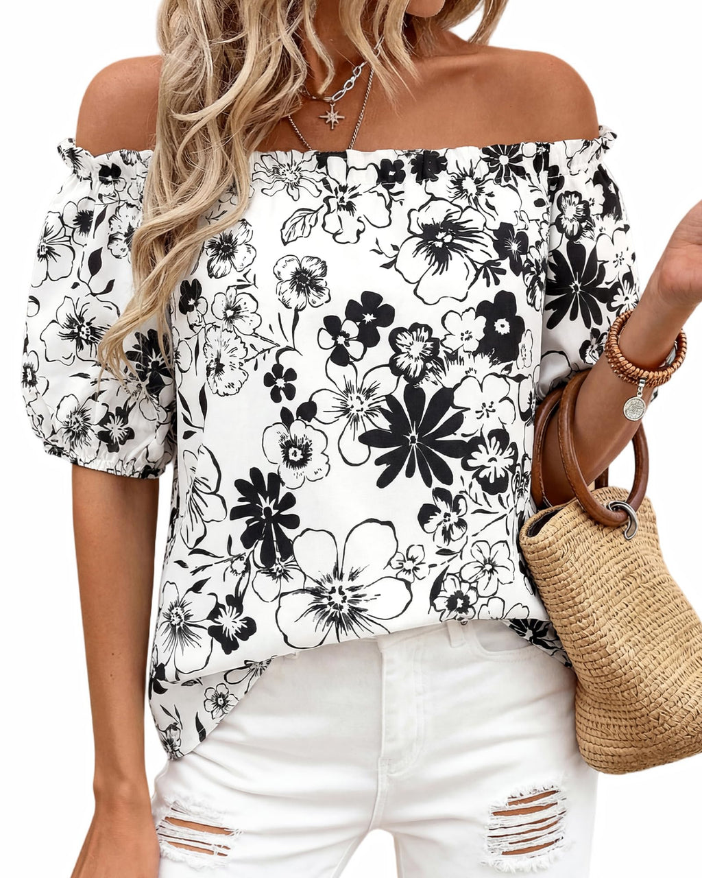 BTFBM Off The Shoulder Spring Tops for Women Summer Blouses Boho Floral Short Sleeve Shirts Dressy Casual Outfits