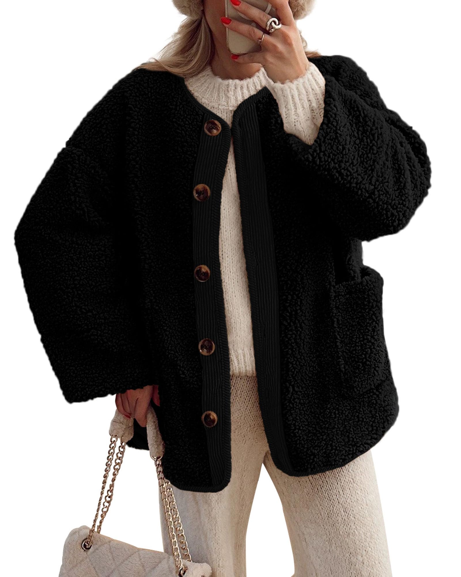 PRETTYGARDEN Women's Winter Coats Long Sleeve Button up Fuzzy Sherpa Fleece Jackets Outerwear Fall Fashion Clothes