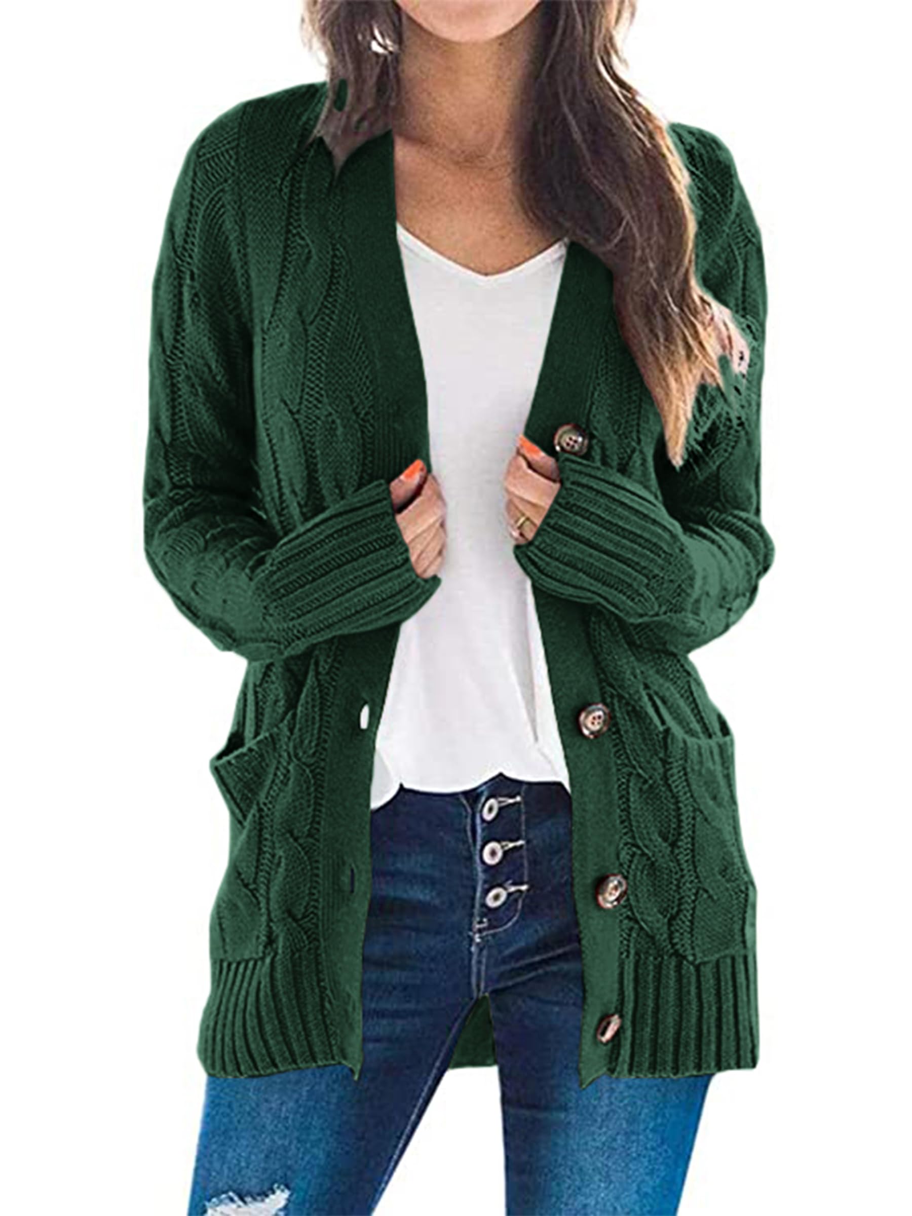 PRETTYGARDEN Women's Open Front Cardigan Sweaters Fall Fashion Button Down Cable Knit Chunky Winter Clothing Outerwear Coats