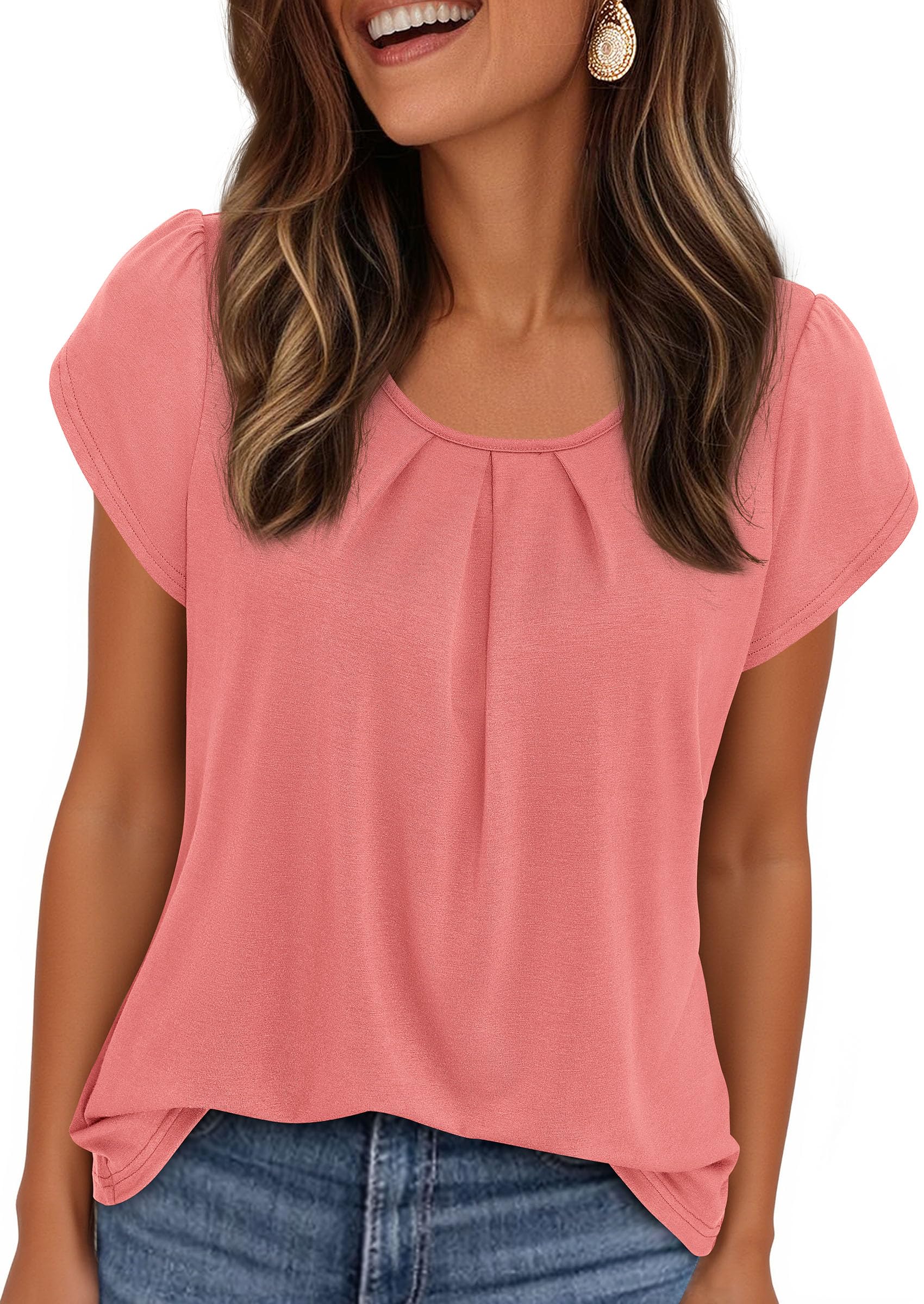 PRETTYGARDEN Womens Tops Dressy Casual Summer Short Sleeve Blouses Crew Neck Pleated Basic T Shirts Spring Clothes