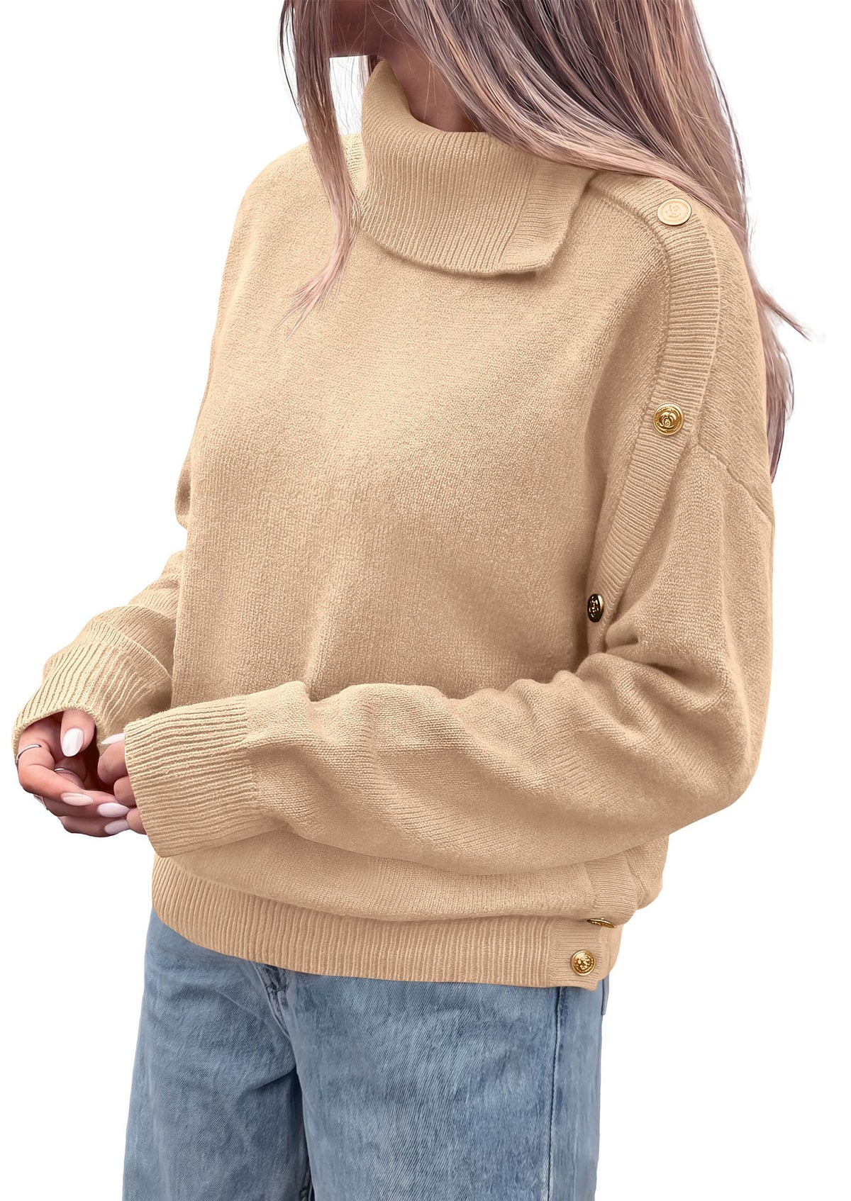PRETTYGARDEN Womens Turtleneck Sweater Pullover Side Button Fall Clothes Stretchy Knit,Dropped Shoulder,Ribbed Cuffs,Asymmetrical,Jumper Long Sleeve Tops,Work Offices