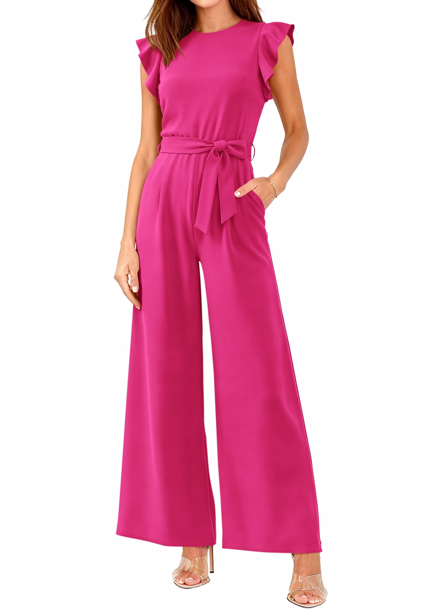 BTFBM Jumpsuits For Women Crew Neck Dressy Cap Sleeve Belted High Waist Wide Leg Romper One Piece Casual Outfits Pockets
