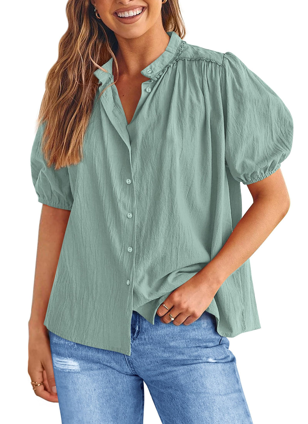 PRETTYGARDEN Women's Summer Button Down Shirts Short Lantern Sleeve V Neck Cotton Cute Dressy Casual Ladies Tops Blouses