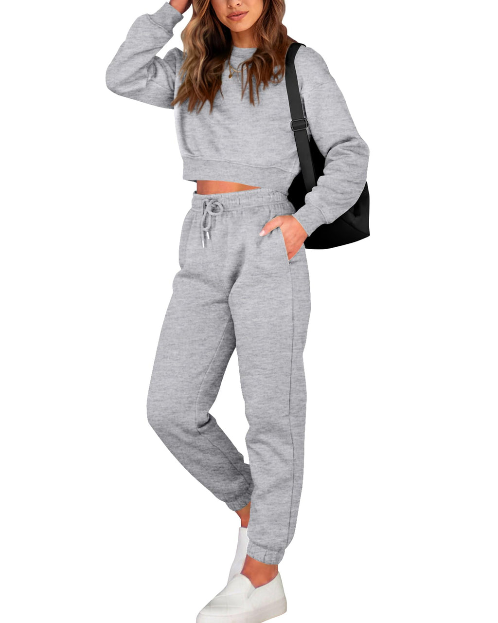 BTFBM Women 2 Piece Outfits Long Sleeve Crop Top Pullover Drawstring Pant Jogger Set Casual Sweatsuits Tracksuit Pockets