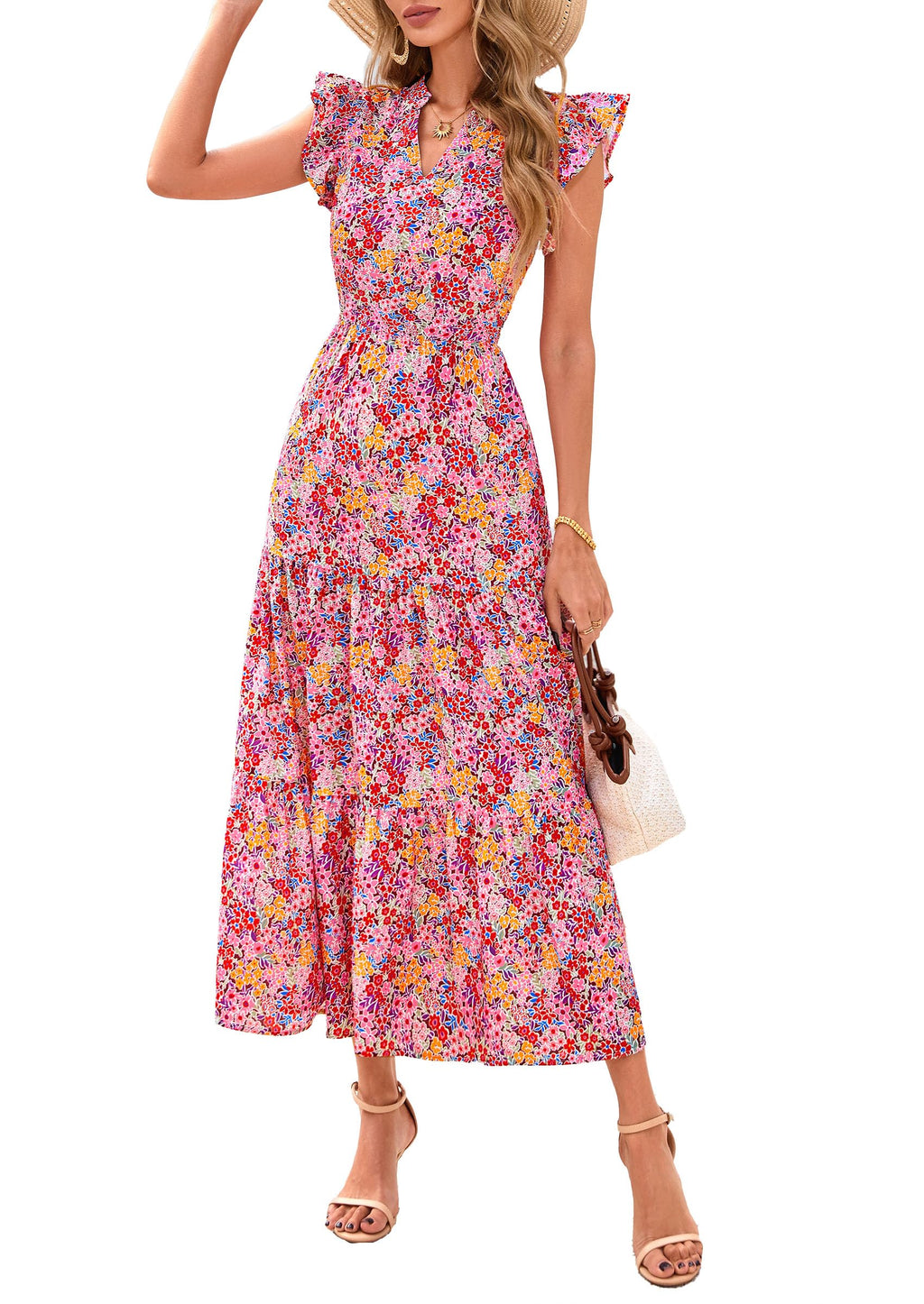 Visit the PRETTYGARDEN Store PRETTYGARDEN Women's Summer Floral Midi Dress Cap Sleeve V Neck Ruffle Long Flowy Boho Casual Beach Vacation Dresses