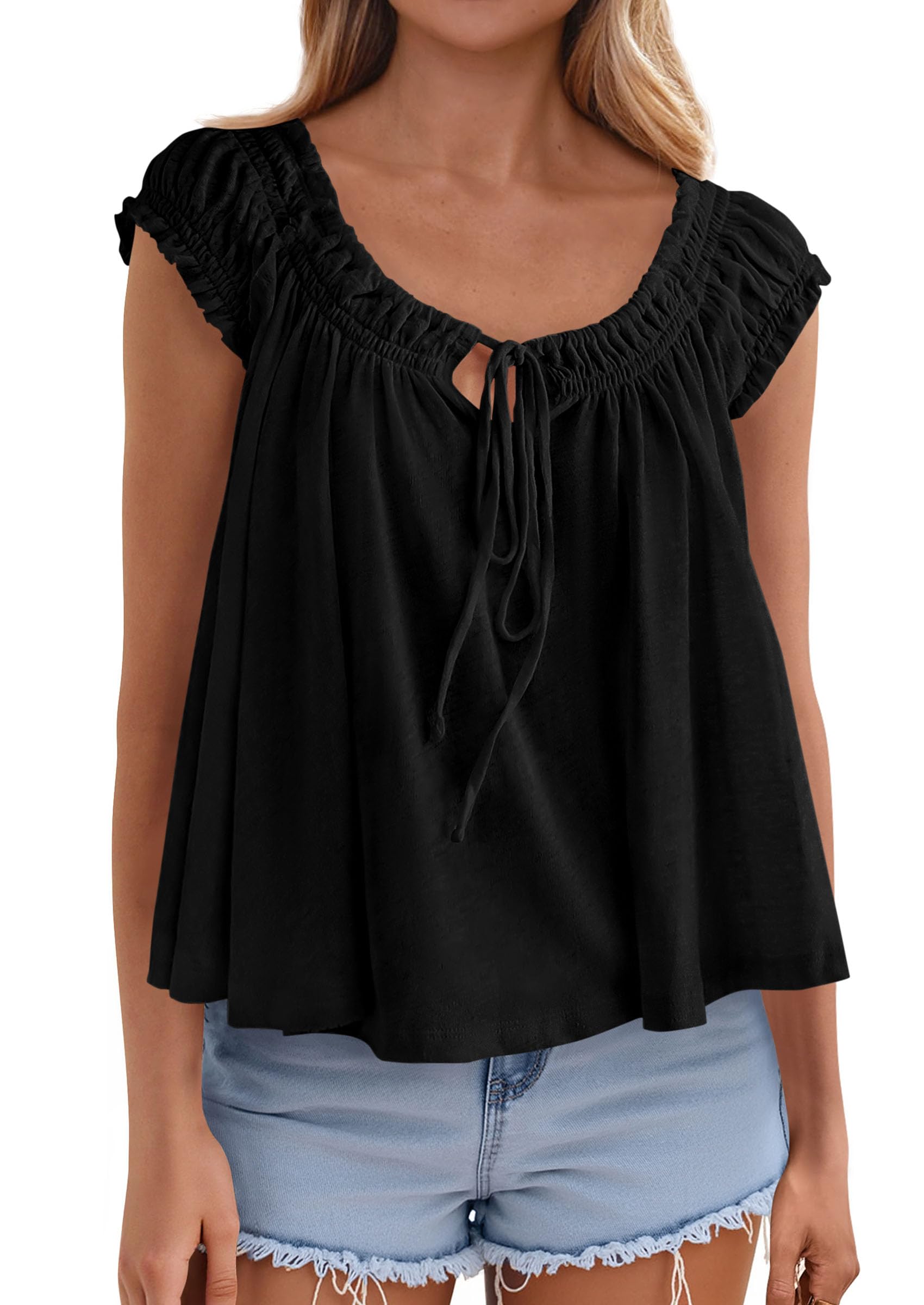 PRETTYGARDEN Women Babydoll Tops Summer Clothes Cap Sleeve Tie Front Flowy Tank Top Peplum Blouses Cute Going Out Shirts