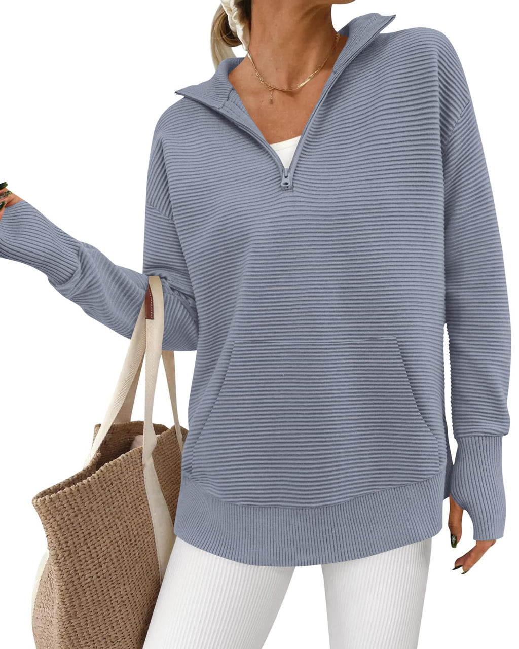 BTFBM Sweaters for Women Fall Clothes Pocket Quarter Zip Pullover V Neck Long Sleeve Knit Trendy Winter Sweater