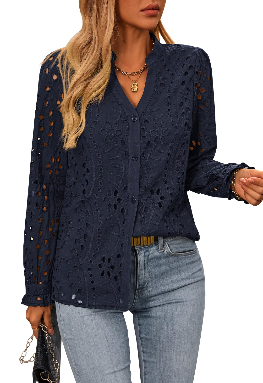 FreshPretty Women's Long Sleeve Shirts Button Down Dressy Casual Blouses V Neck Embroidery Hollow Out Tops Fall Winter Clothes