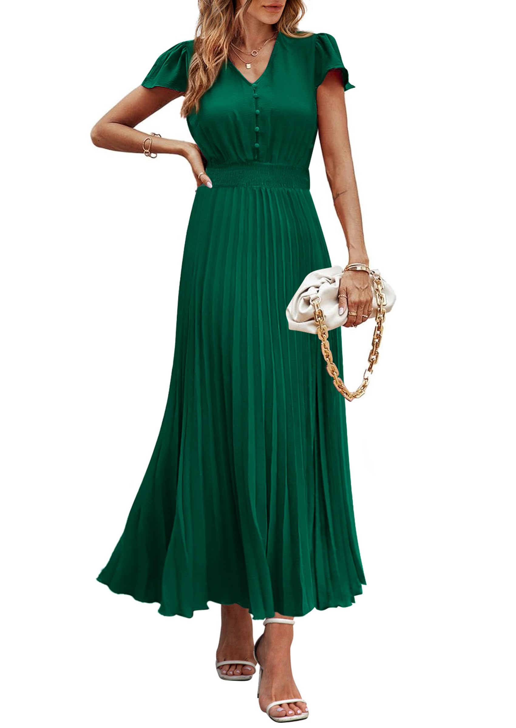 PRETTYGARDEN Women's Summer Maxi Dresses Trendy Casual Button V Neck Ruffle Cap Sleeve Long Flowy Spring Pleated Dress