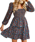 BTFBM Womens Long Sleeve Dress Summer Vacation Square Neck Smocked Floral Mini Boho Spring Wedding Guest Dresses