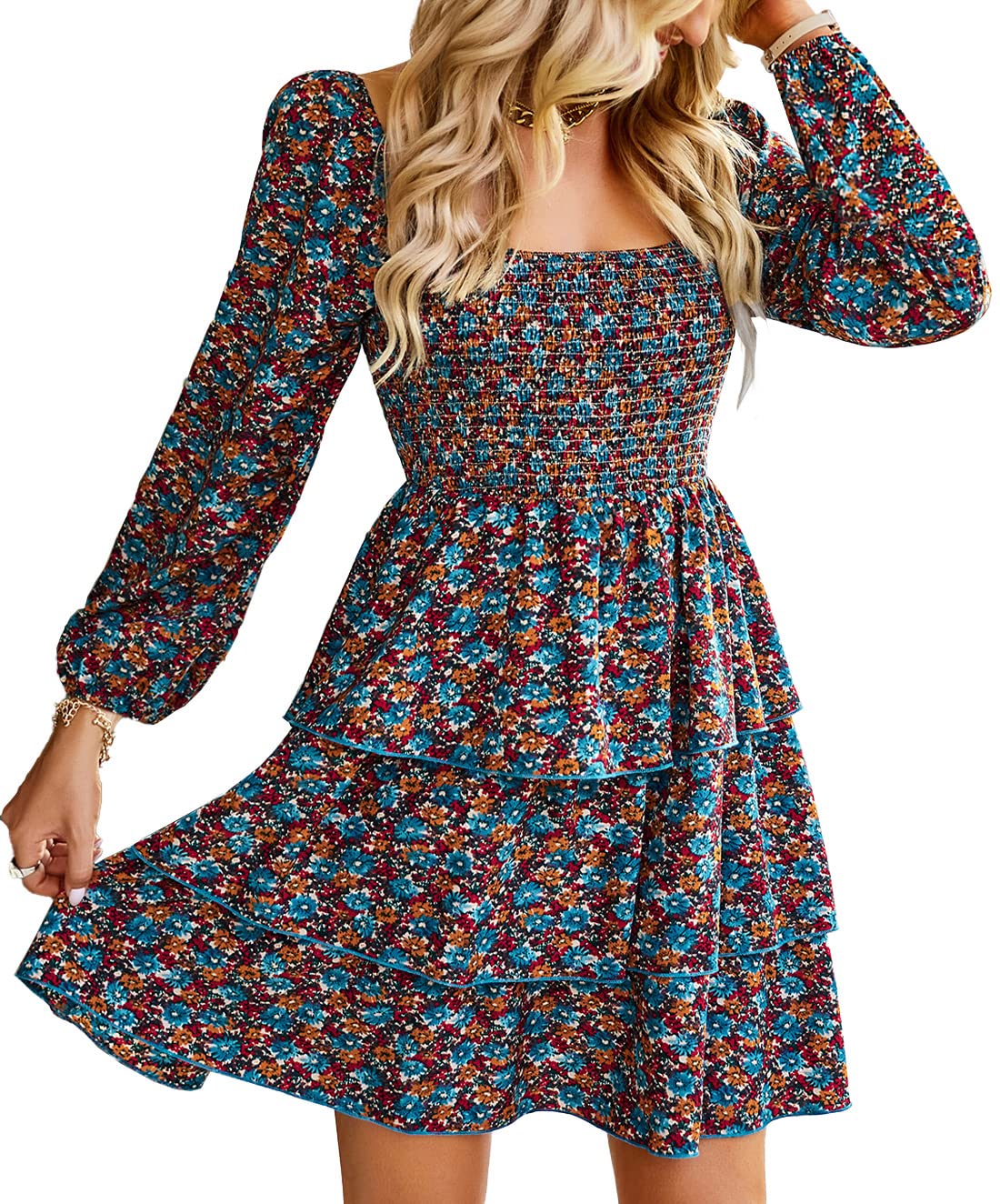 BTFBM Womens Long Sleeve Dress Summer Vacation Square Neck Smocked Floral Mini Boho Spring Wedding Guest Dresses