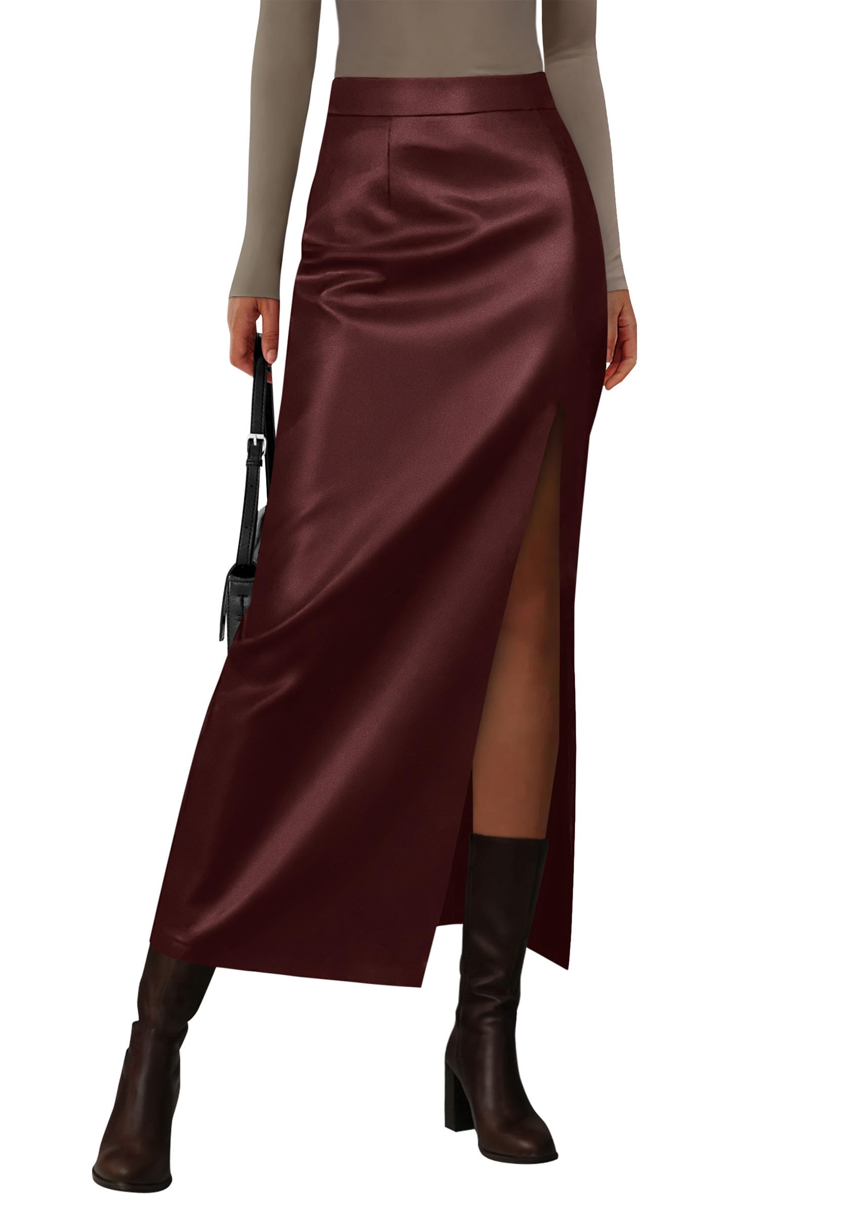 PRETTYGARDEN Womens Faux Leather Skirts Fall Fashion Bodycon High Waisted Slit Work Office Winter Maxi Long Pencil Skirt