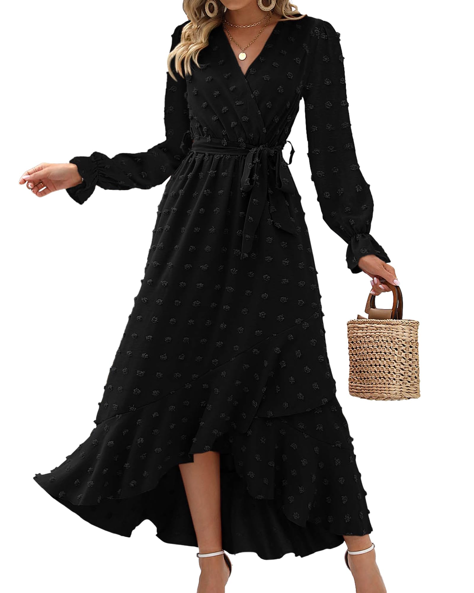 FreshPretty Long Sleeve Maxi Dresses for Women V Neck Swiss Dot Boho Flowy Slit Cocktail Wedding Guest Dress Fall Clothes