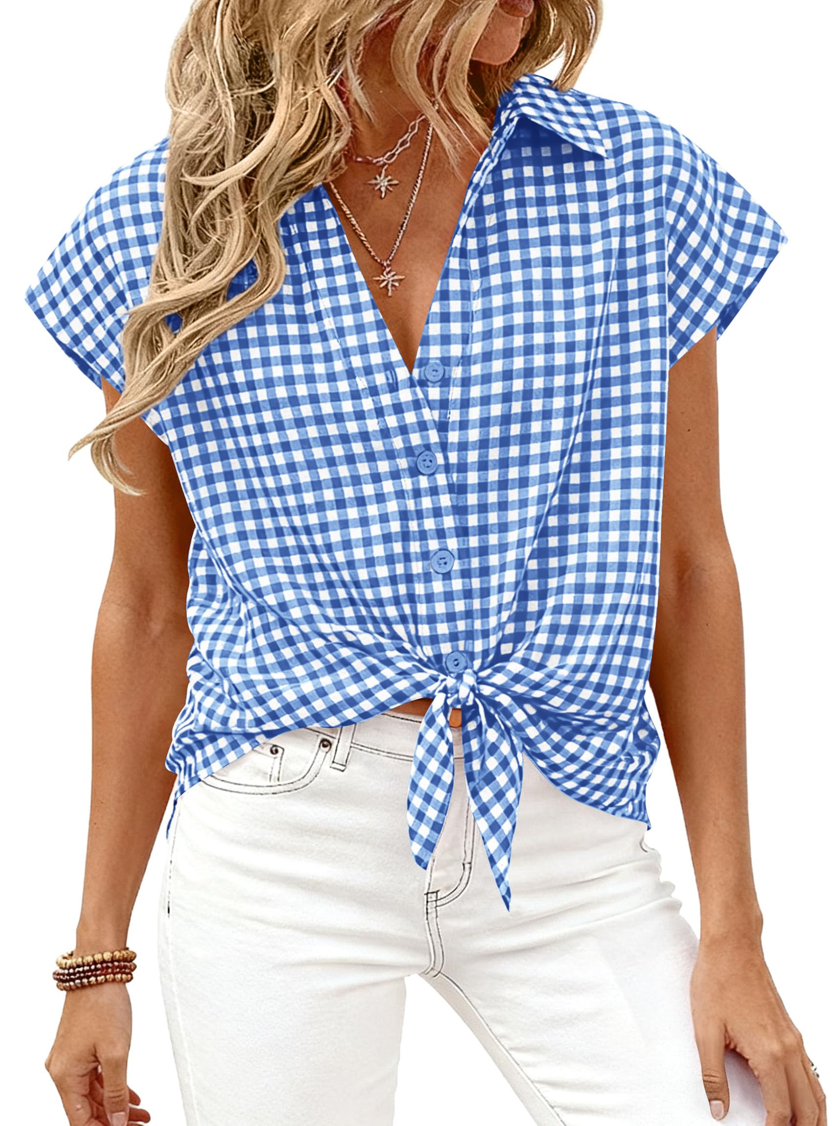 PRETTYGARDEN Womens Short Sleeve Shirts Plaid Button Down Blouse Dressy Casual Summer Spring Business Gingham Work Tops