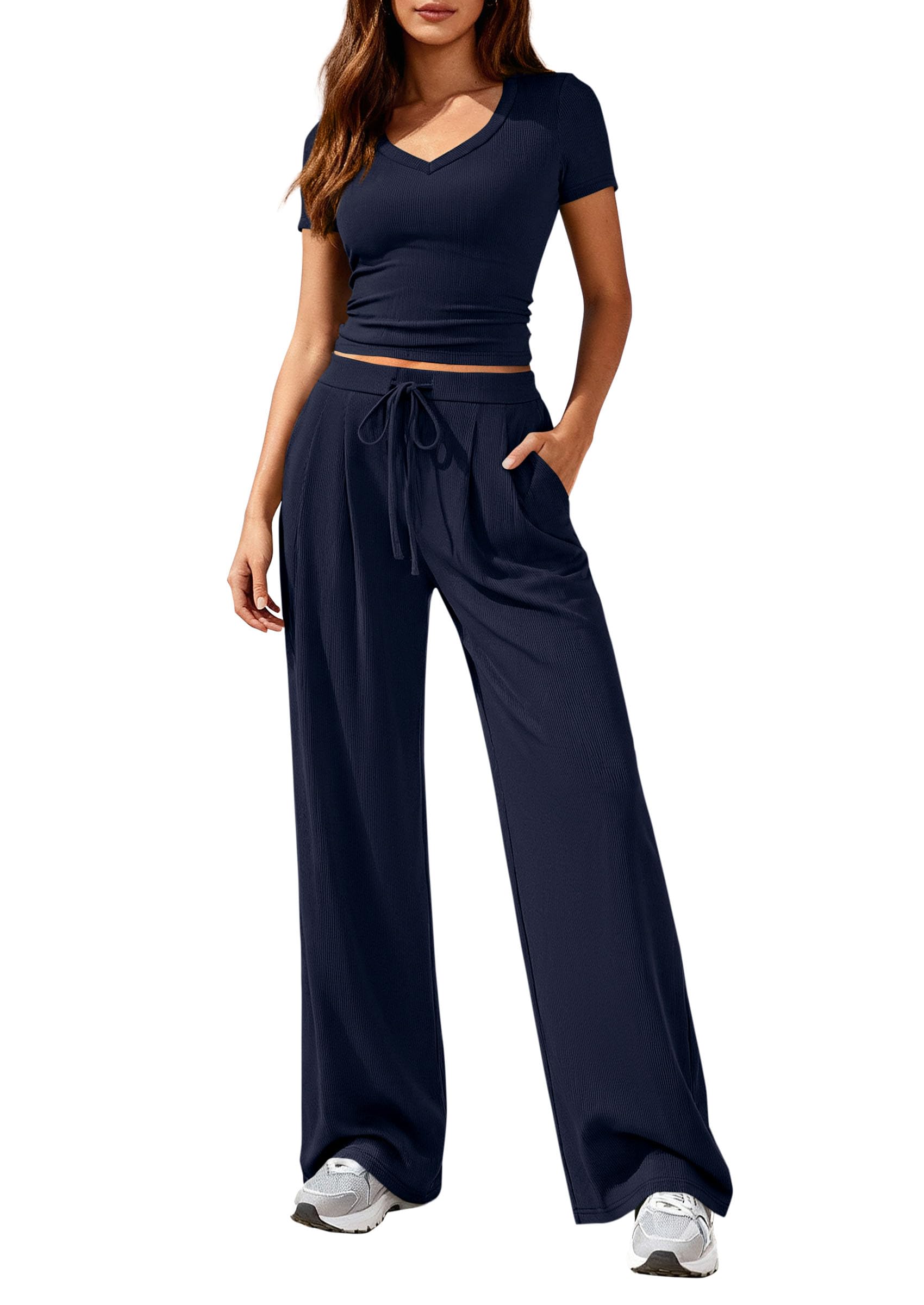 PRETTYGARDEN 2 Piece Sets for Women Summer Spring Lounge Set Matching V Neck Tops Wide Leg Pants Airport Travel Outfits