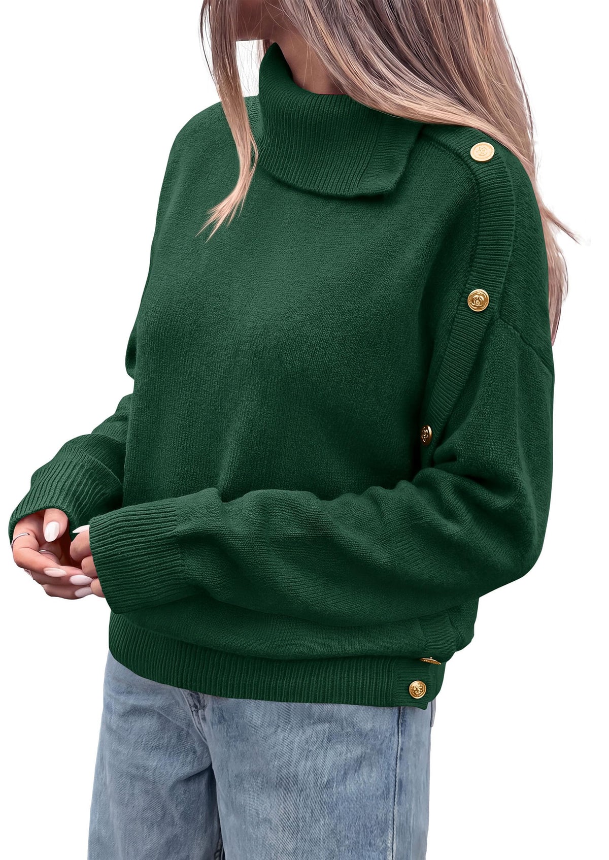 PRETTYGARDEN Womens Turtleneck Sweater Pullover Side Button Fall Clothes Stretchy Knit,Dropped Shoulder,Ribbed Cuffs,Asymmetrical,Jumper Long Sleeve Tops,Work Offices