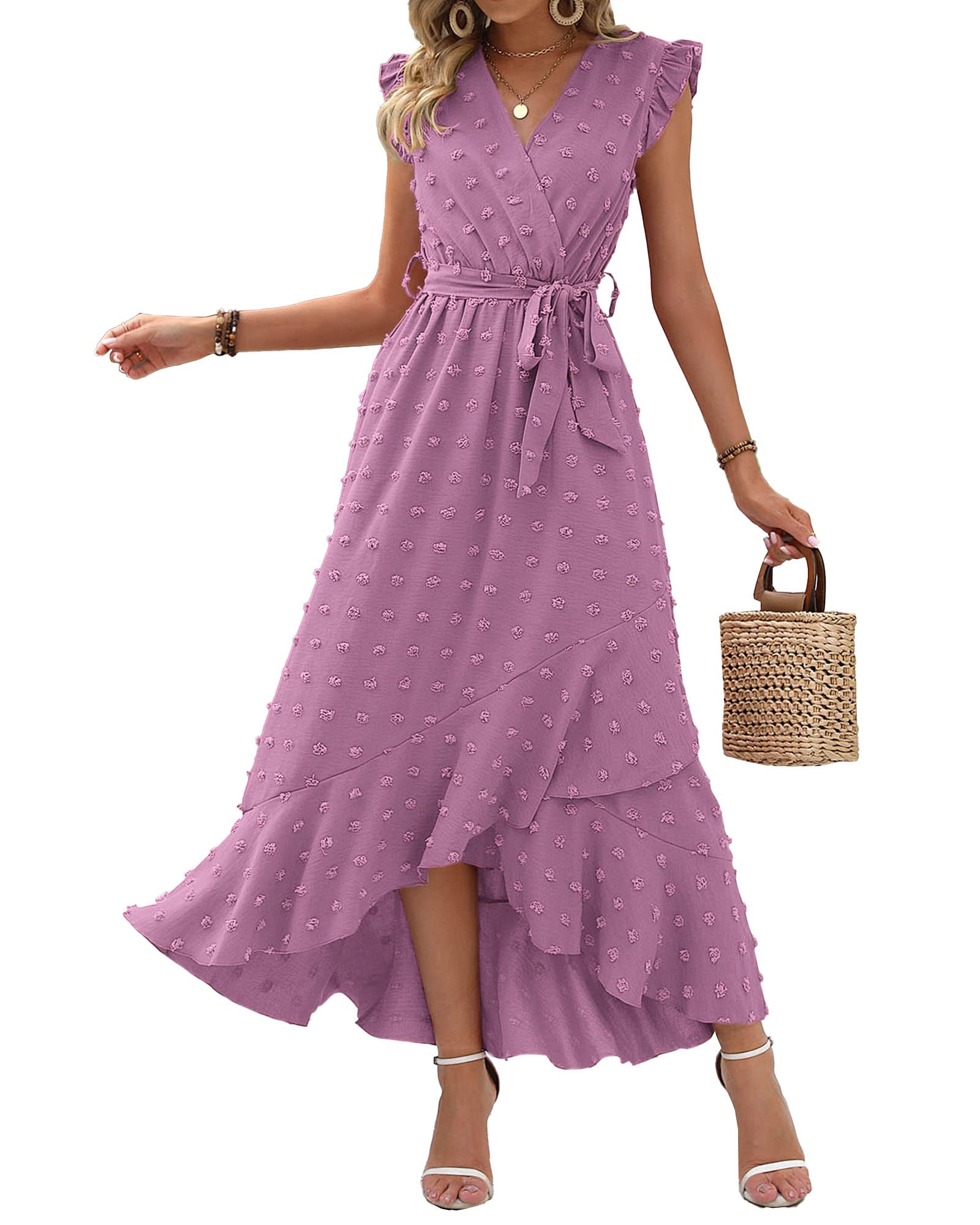 BTFBM Boho Dresses for Women Spring Fashion Cap Sleeve Swiss Dot Flowy Ruffle Beach Wedding Cocktail Maxi Dress