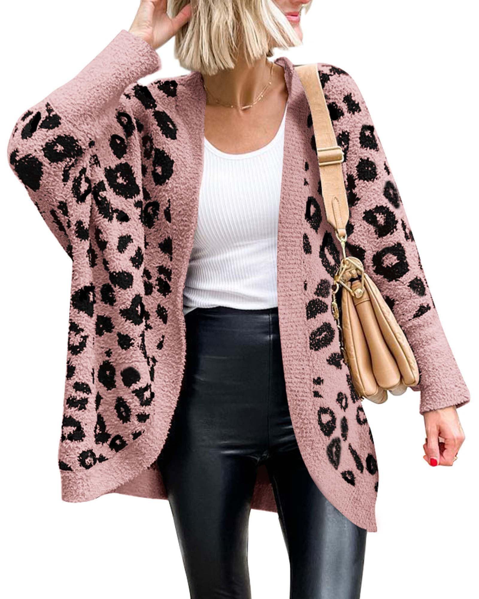 FreshPretty Leopard Cardigan for Women Long Sleeve Open Front Cardigans Sweaters Pockets Loose Knit Fall Winter Outwear