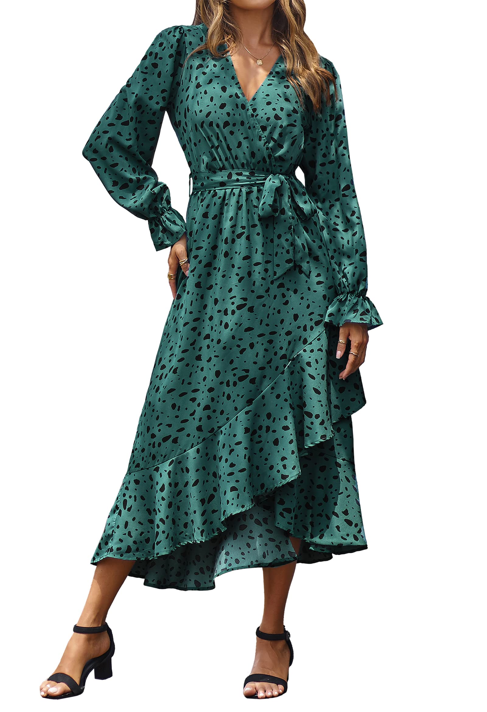 BTFBM Womens Dresses Summer V Neck Floral High Waist Ruffle Wedding Guest Cocktail Boho Spring Long Sleeve Dress