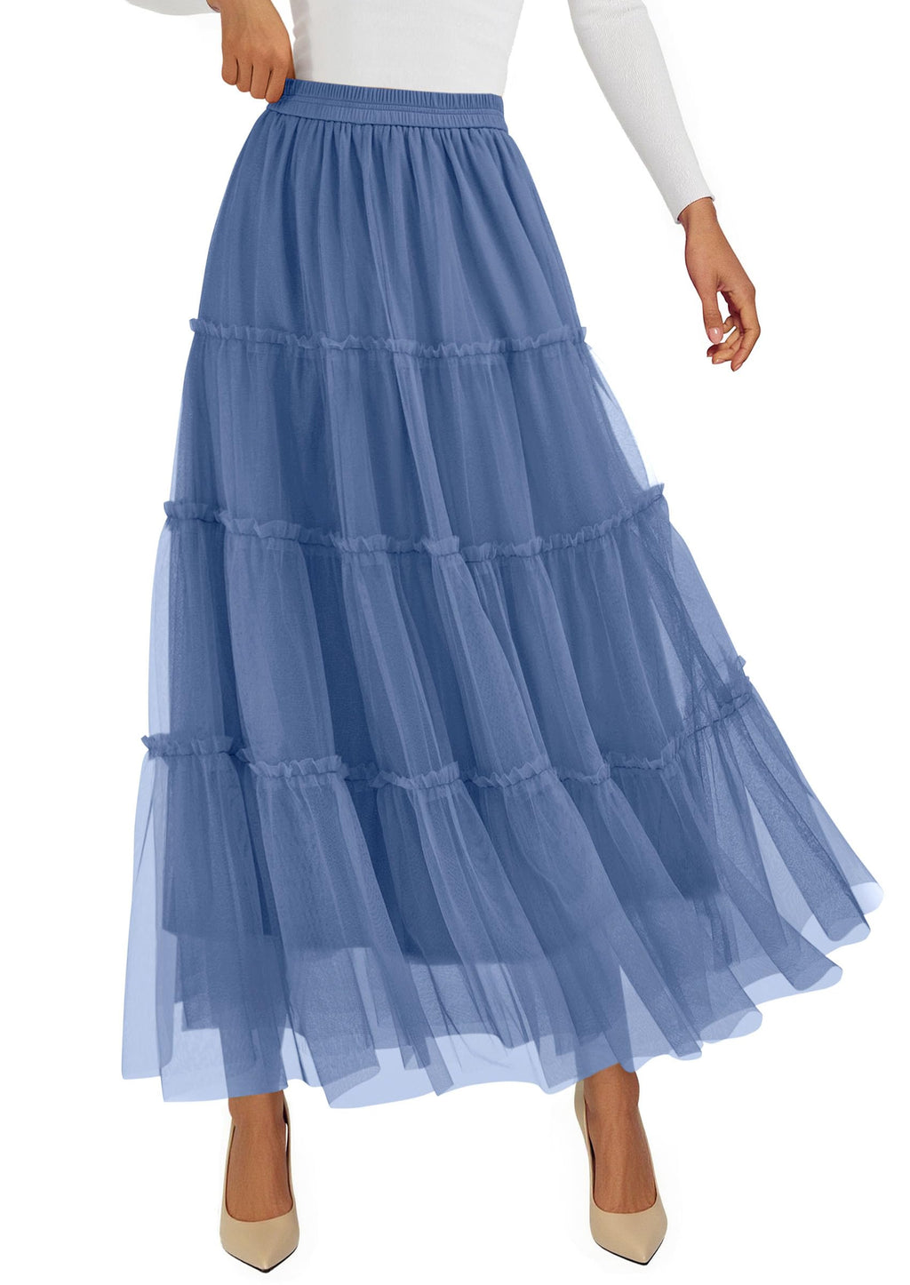 PRETTYGARDEN Tulle Skirts for Women Fall Fashion Elastic High Waisted Fairy Tiered Flowy A-Line Casual Maxi Long Skirt